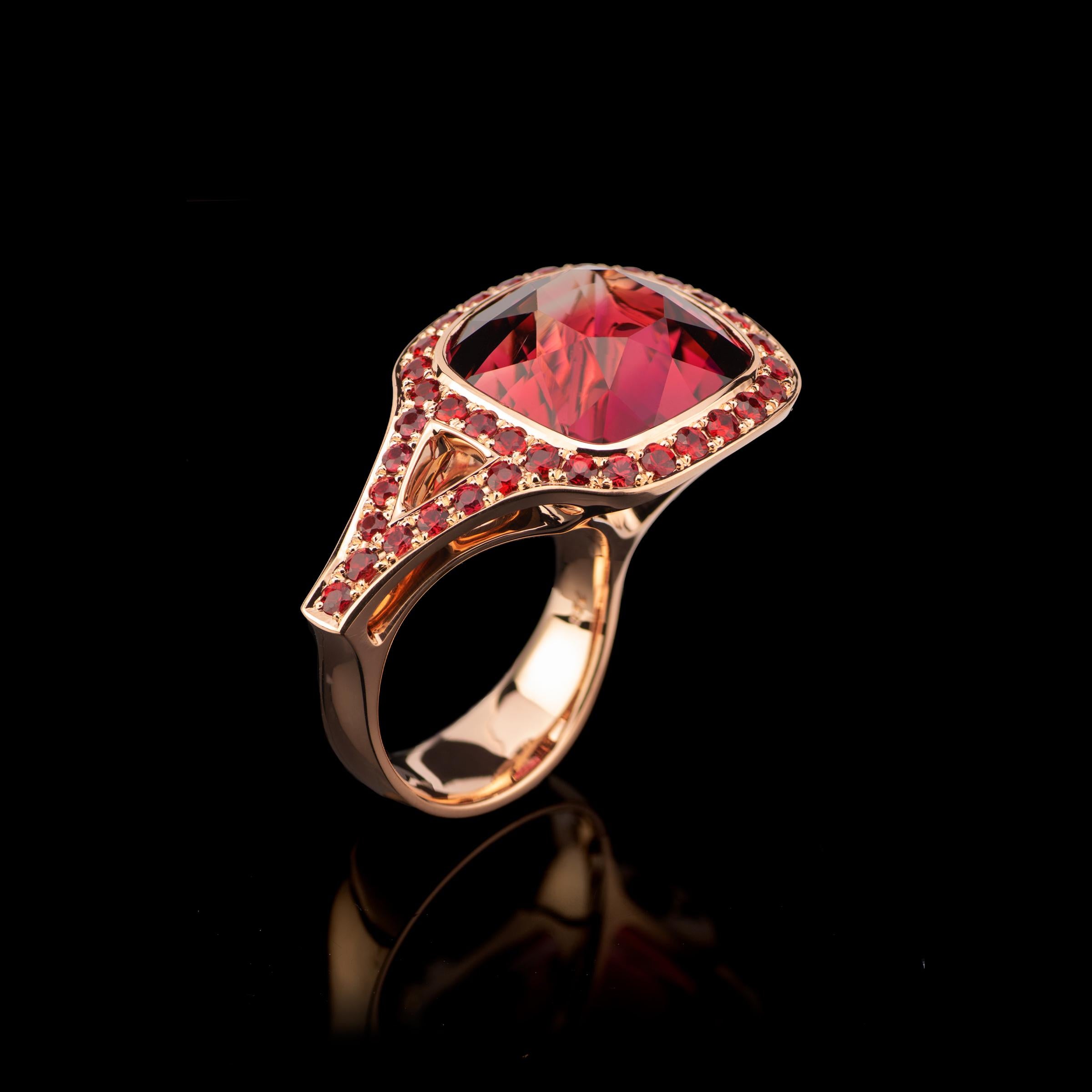 Cushion Cut Tourmaline cocktail ring 18.66ct red, 18k rose gold, 35 hand set red sapphires For Sale