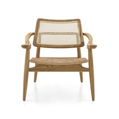 Teak Wood Armchair with Natural Cane Back and Shaped Wooden Seat, Turn Line
