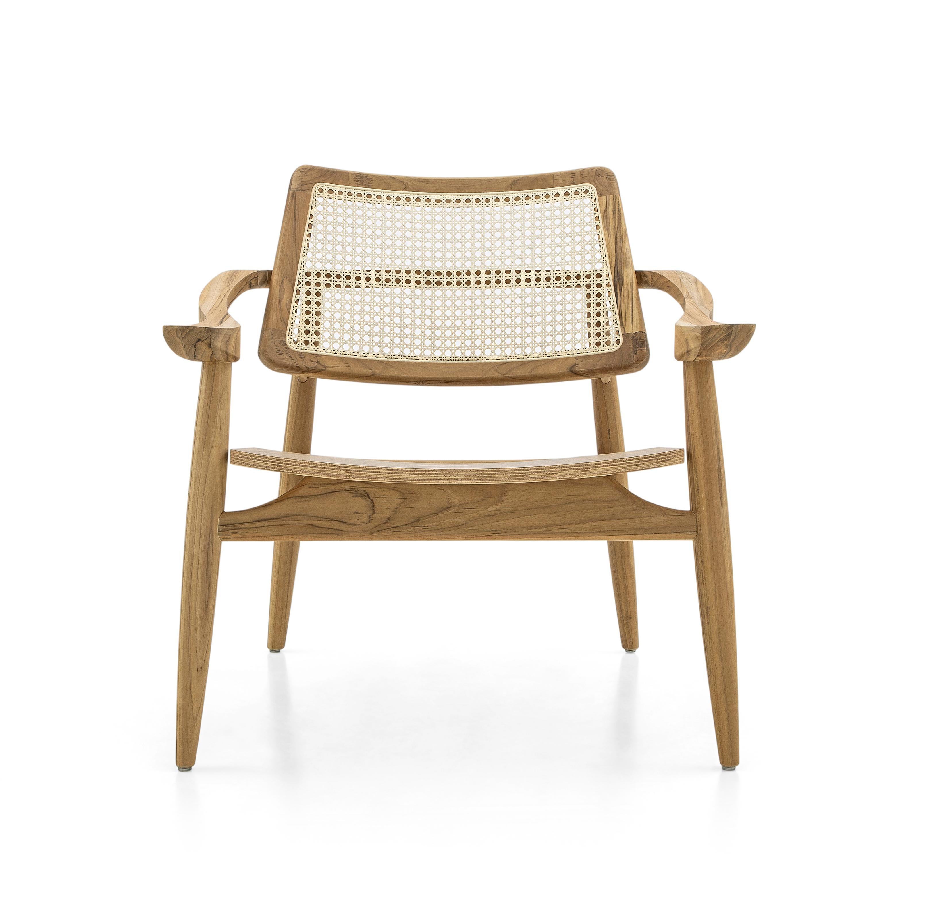 Brazilian Turn Armchair Cane-Back Chair with Shaped Wooden Seat in Teak Wood Finish For Sale