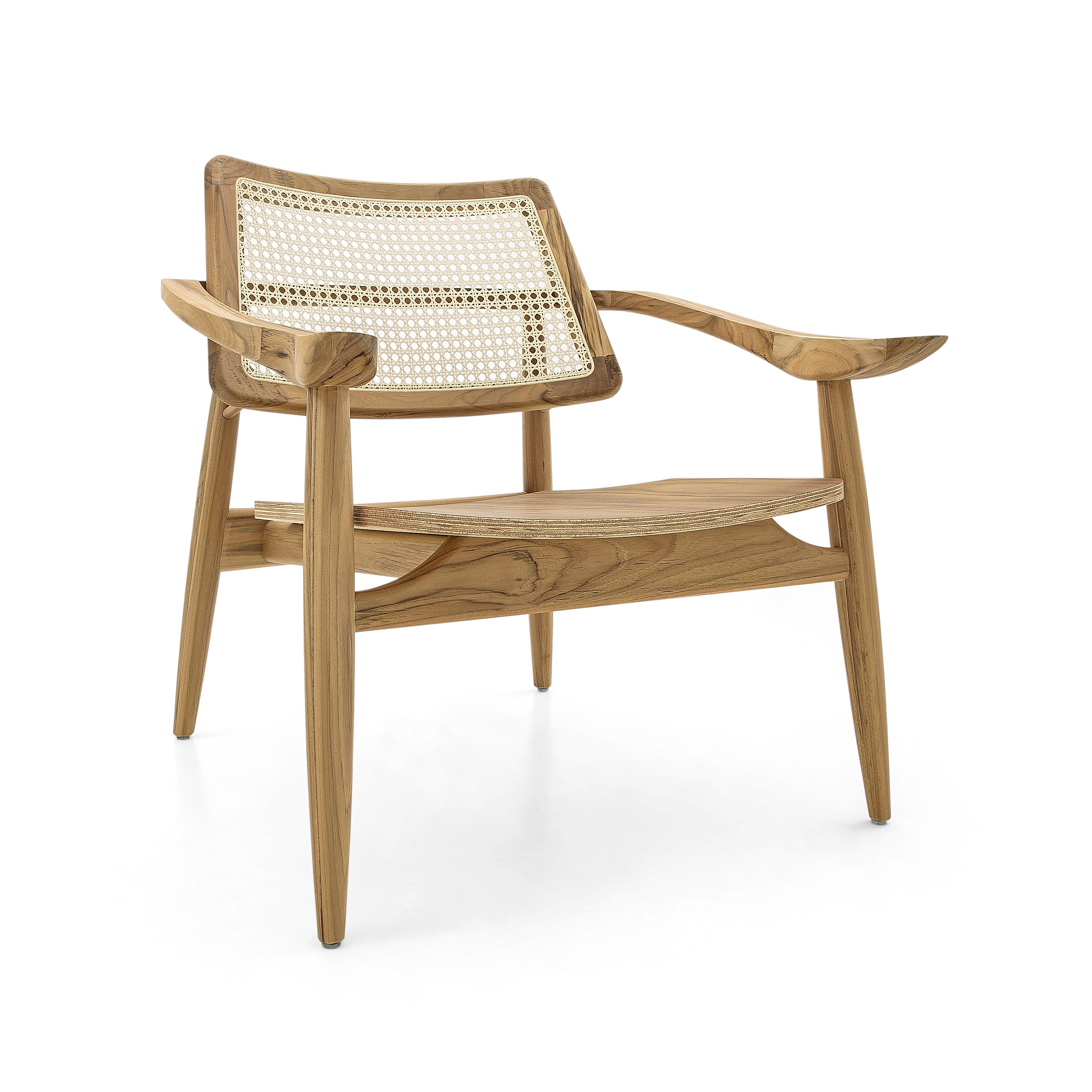 Contemporary Turn Armchair Cane-Back Chair with Shaped Wooden Seat in Teak Wood Finish For Sale