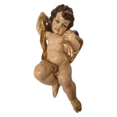 Turn of 19th-20th Century Gilded Wooden Sculpture of Winged Putto