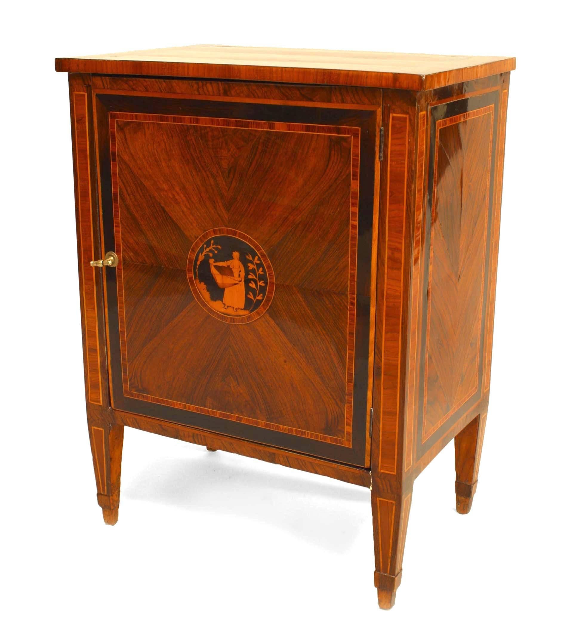 Italian Neo-classic (18/19th Century) kingwood veneer small commode with a single drawer and inlaid trim and medallion on door panel.
