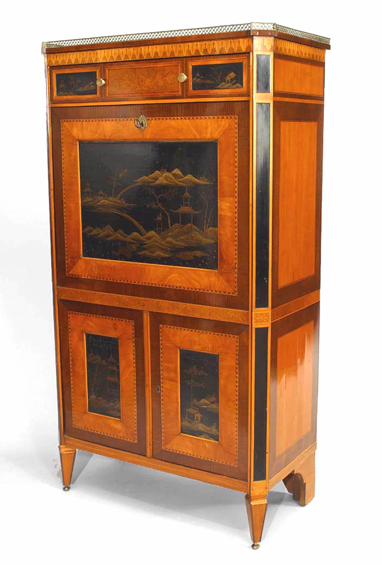Continental Dutch-style (18/19th Century) satinwood and inlaid trimmed drop front desk with chinoiserie decorated lacquered panels and brass gallery
