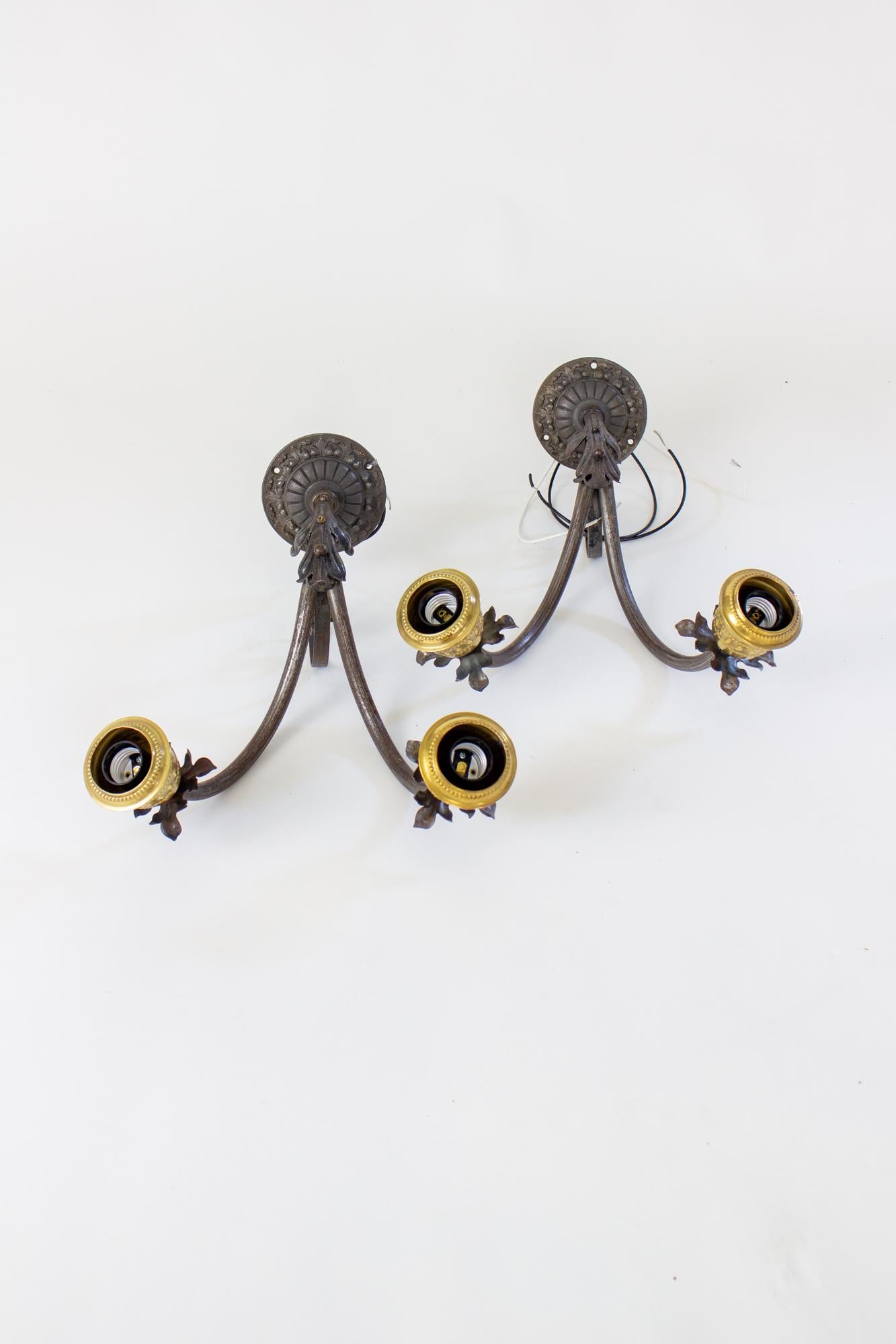 Turn of the 20th Century French Wrought Iron and Brass Sconces In Good Condition For Sale In Canton, MA
