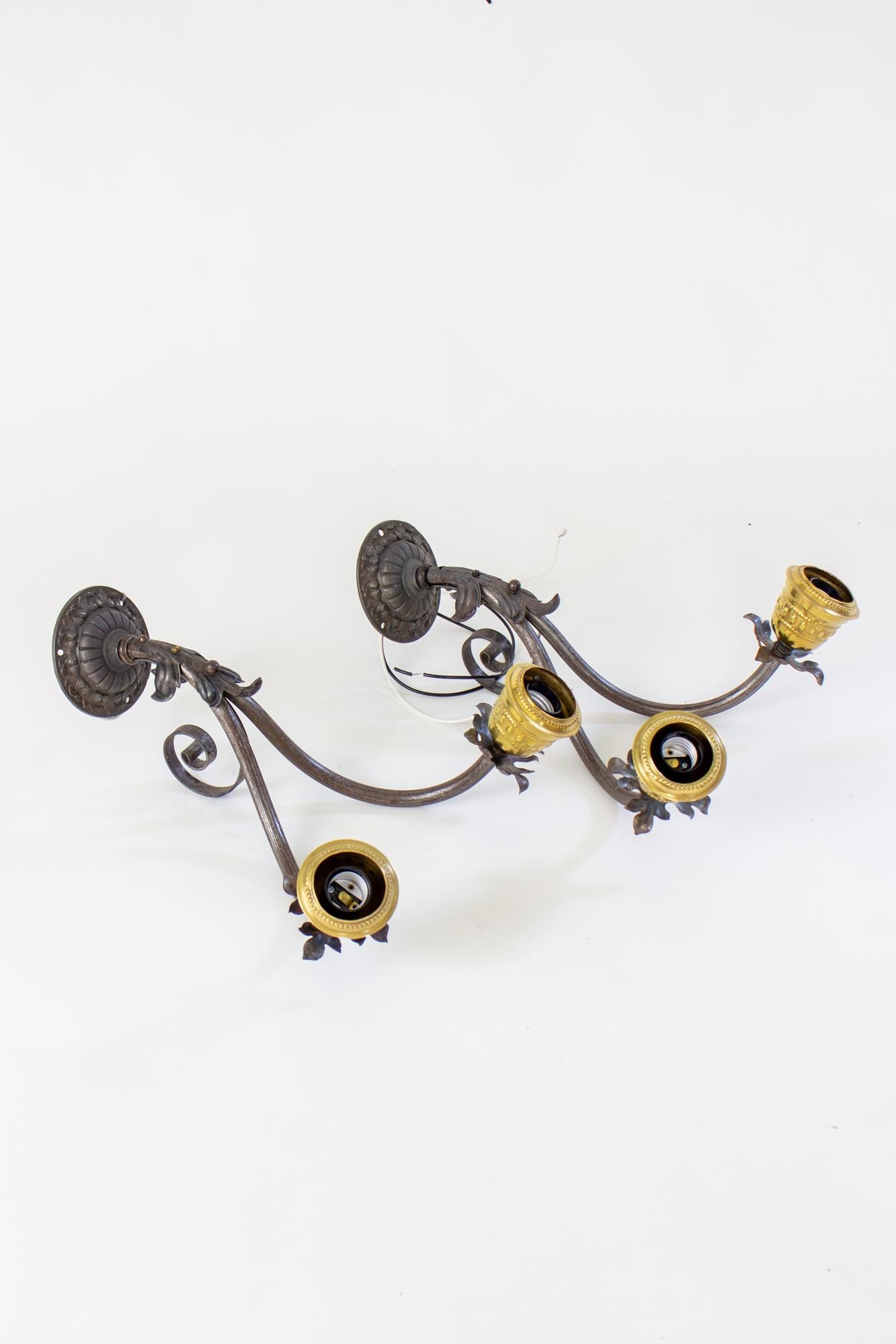 19th Century Turn of the 20th Century French Wrought Iron and Brass Sconces For Sale