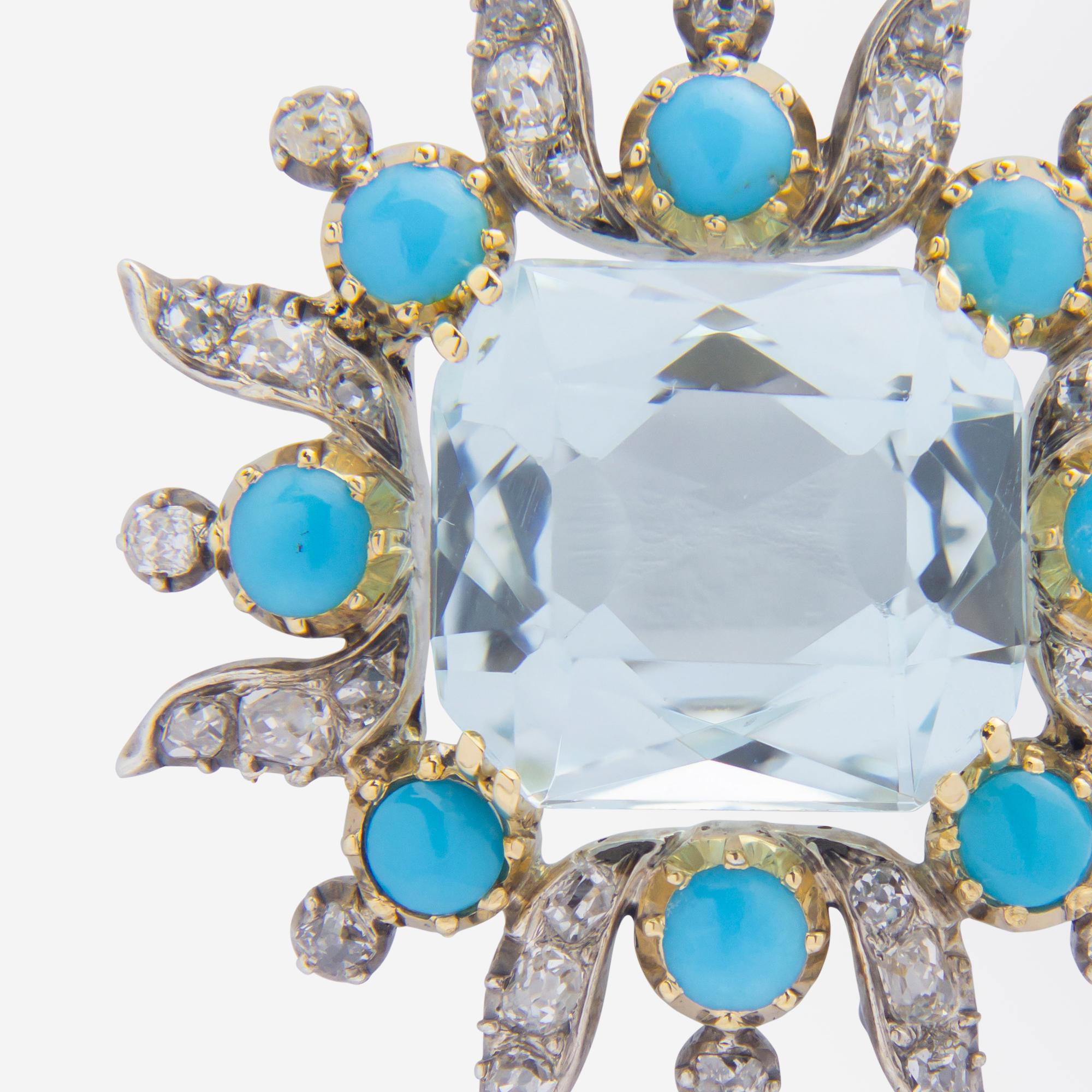 Édouardien Broche aigue-marine, turquoise et diamant du début du siècle en vente