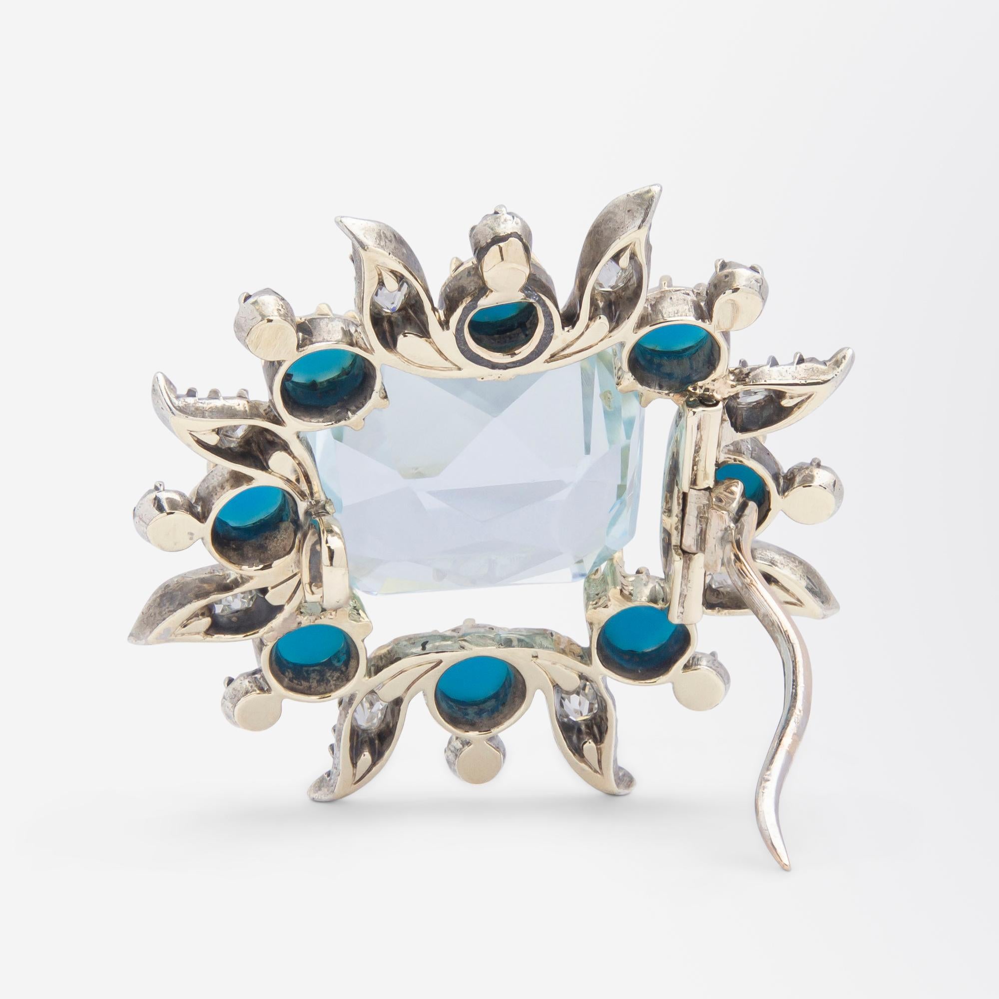 Taille octogone Broche aigue-marine, turquoise et diamant du début du siècle en vente