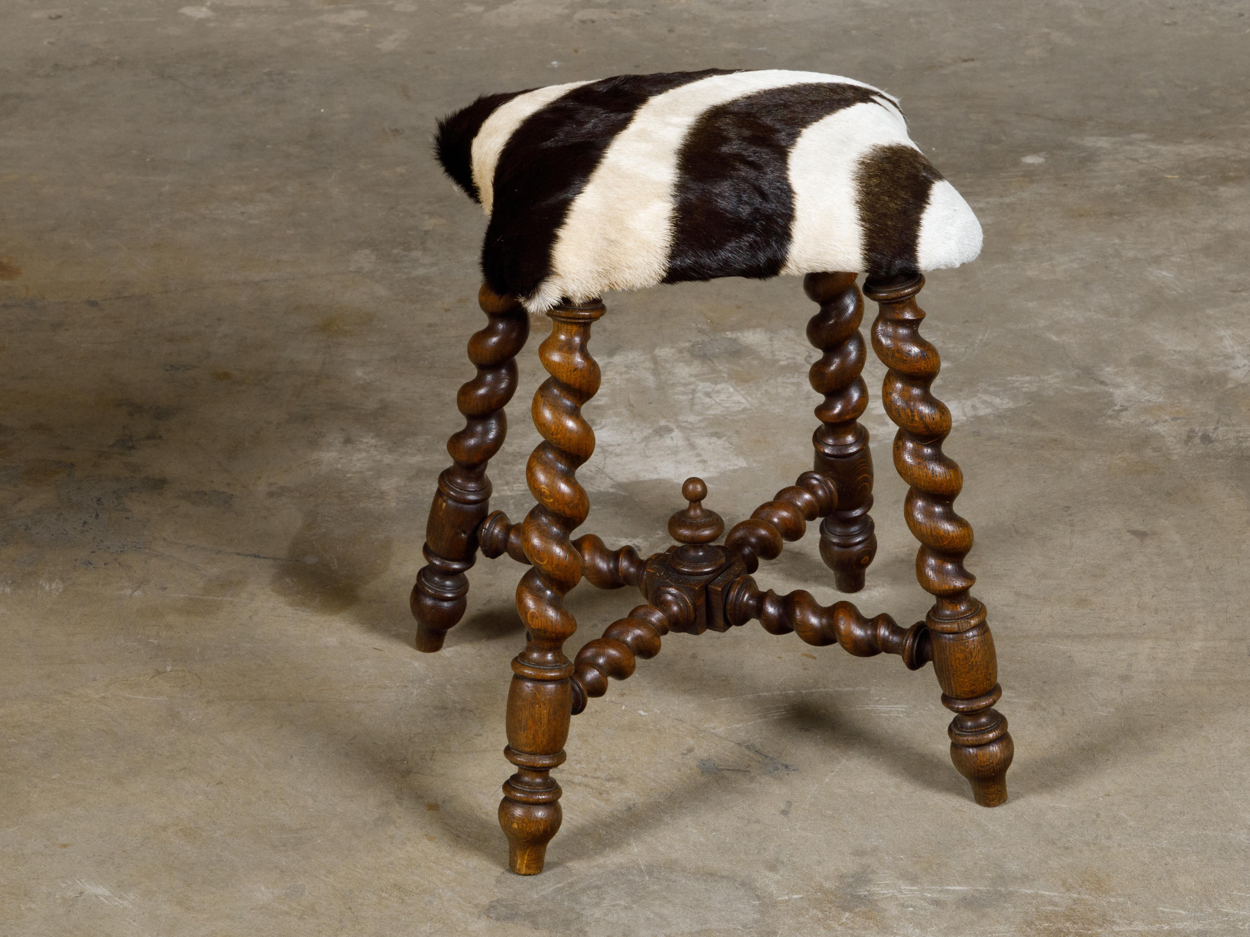 Turn of the Century Barley Twist English Stool with Zebra Hide Upholstery For Sale 5