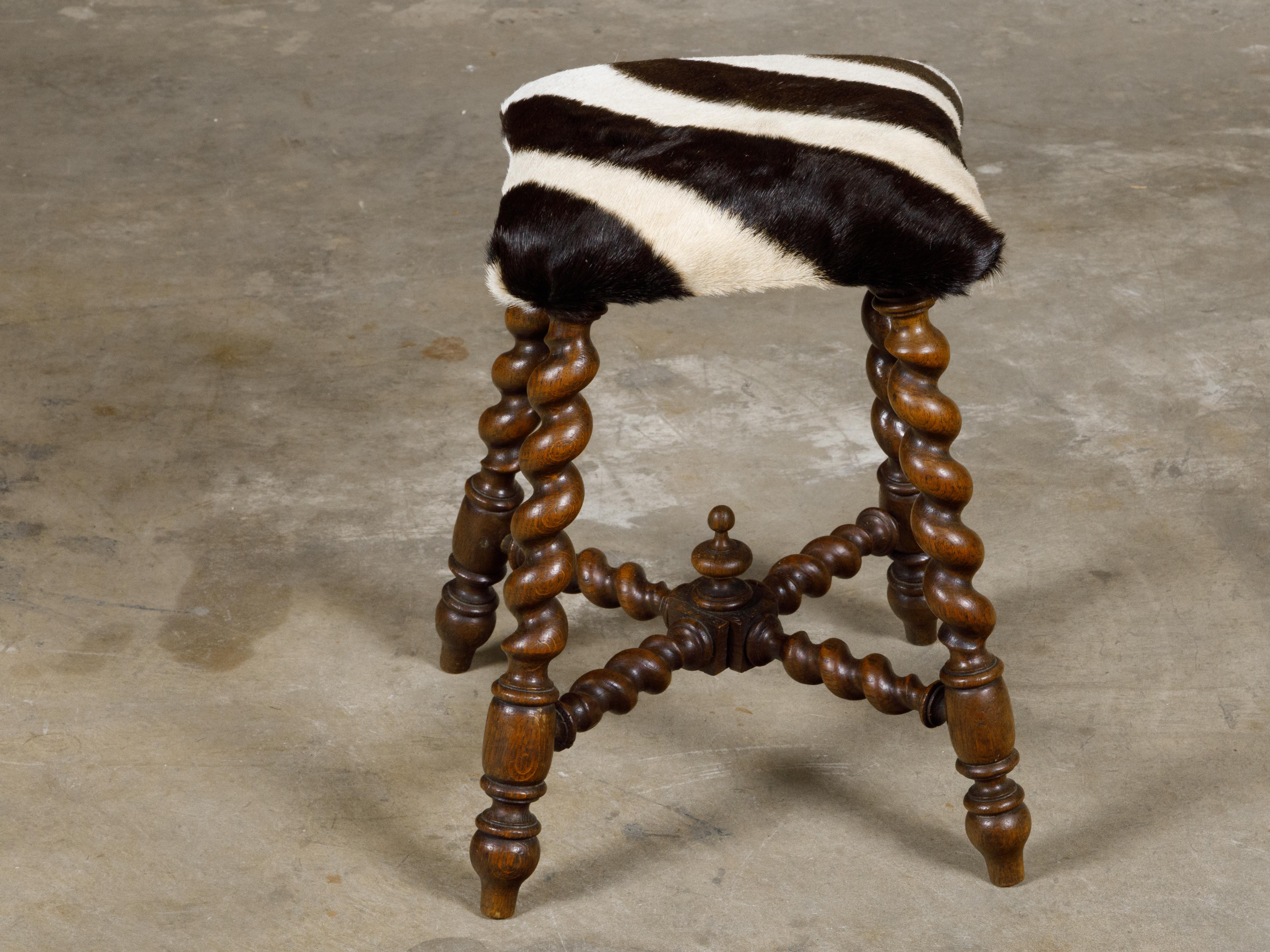 Turn of the Century Barley Twist English Stool with Zebra Hide Upholstery For Sale 6