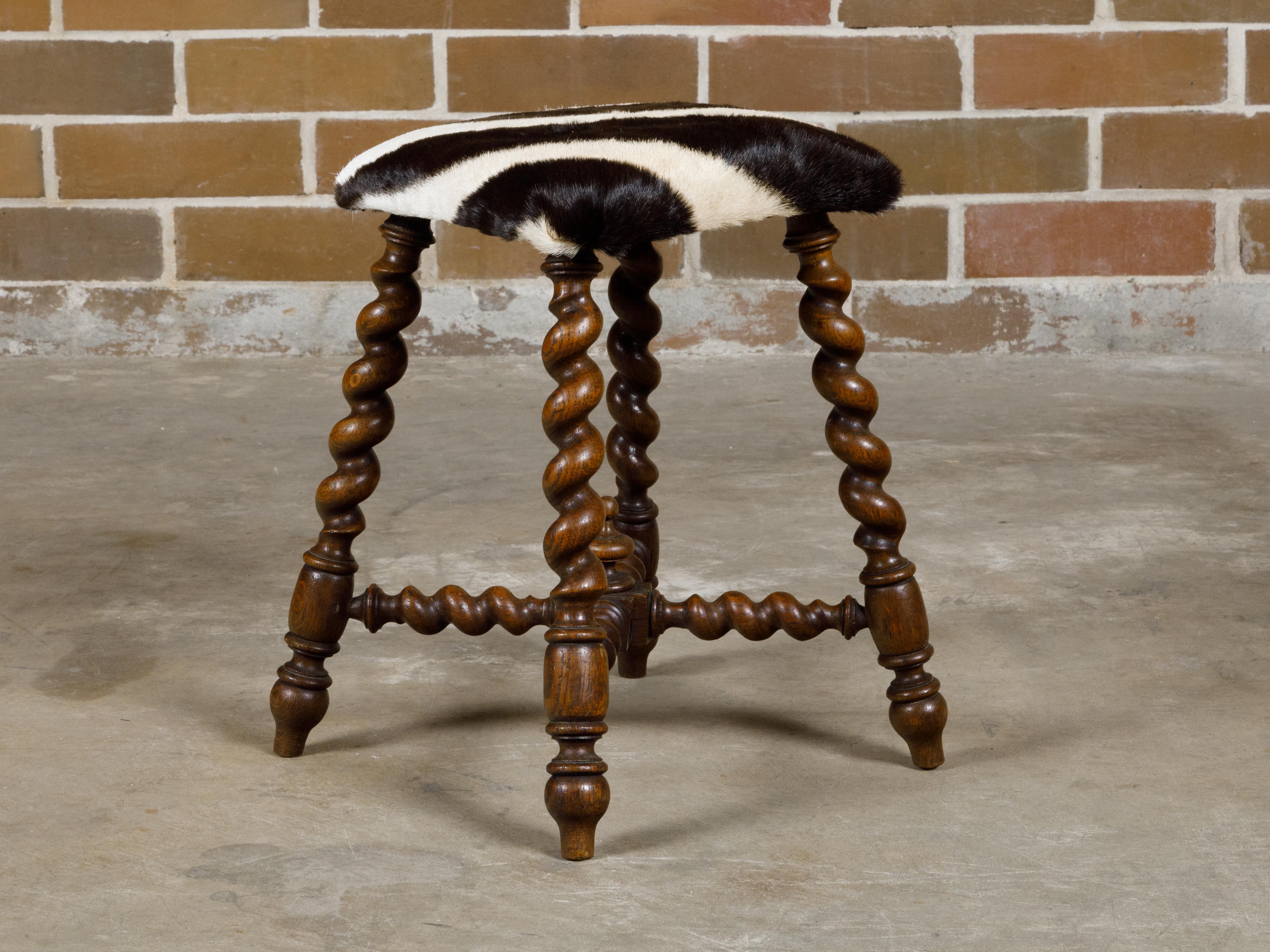 Turn of the Century Barley Twist English Stool with Zebra Hide Upholstery For Sale 7