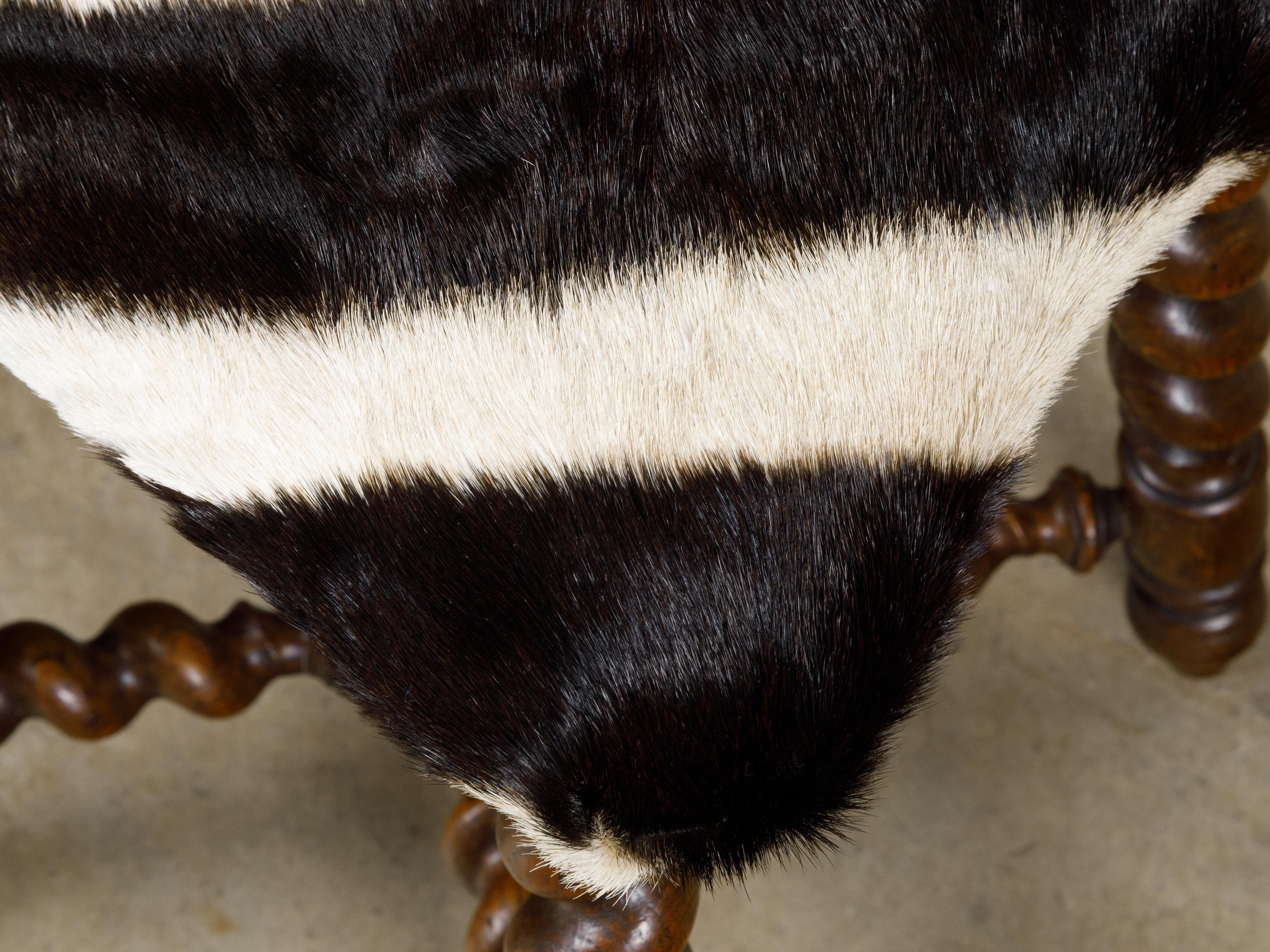 Turned Turn of the Century Barley Twist English Stool with Zebra Hide Upholstery For Sale