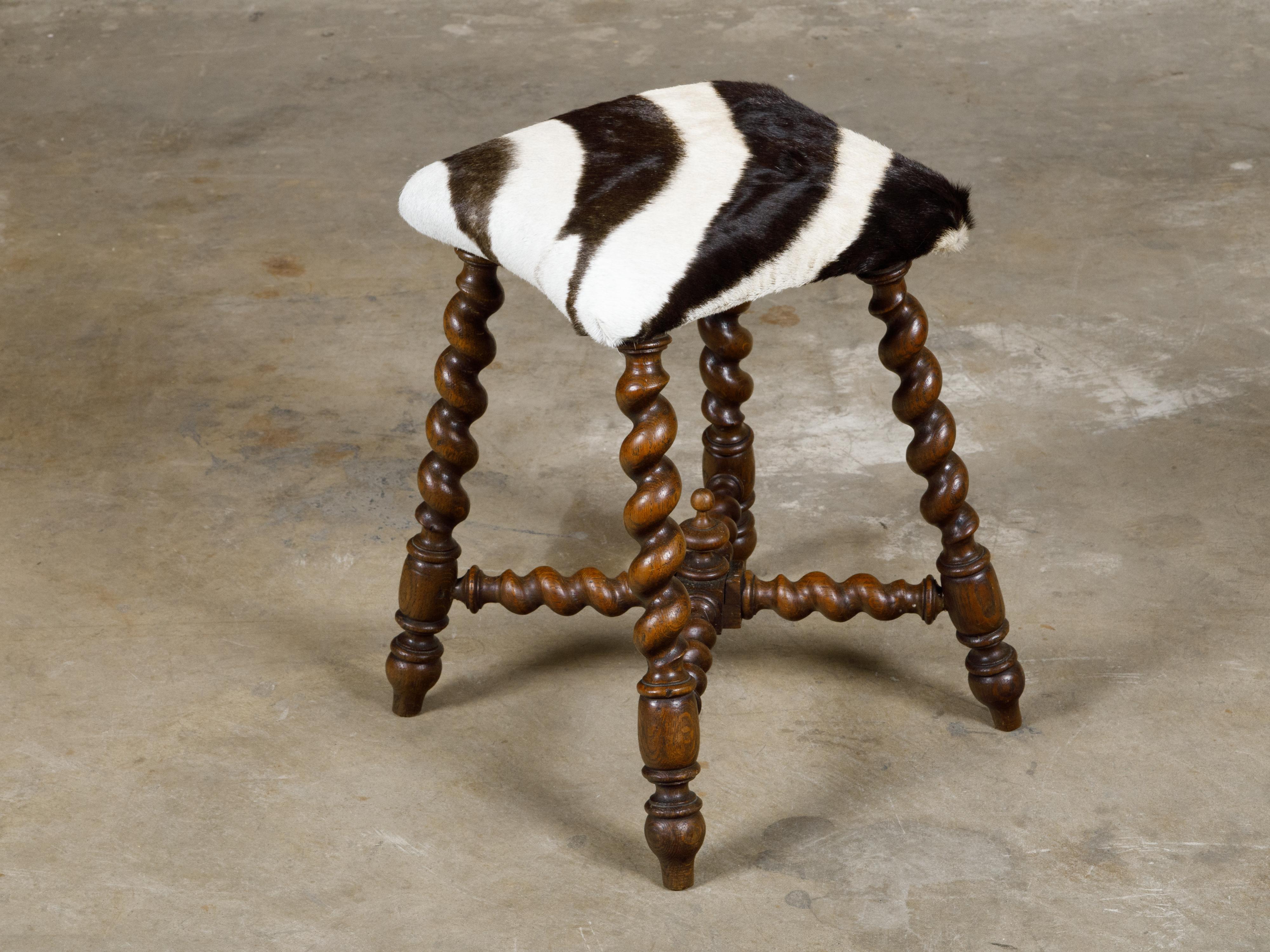 Turn of the Century Barley Twist English Stool with Zebra Hide Upholstery For Sale 3