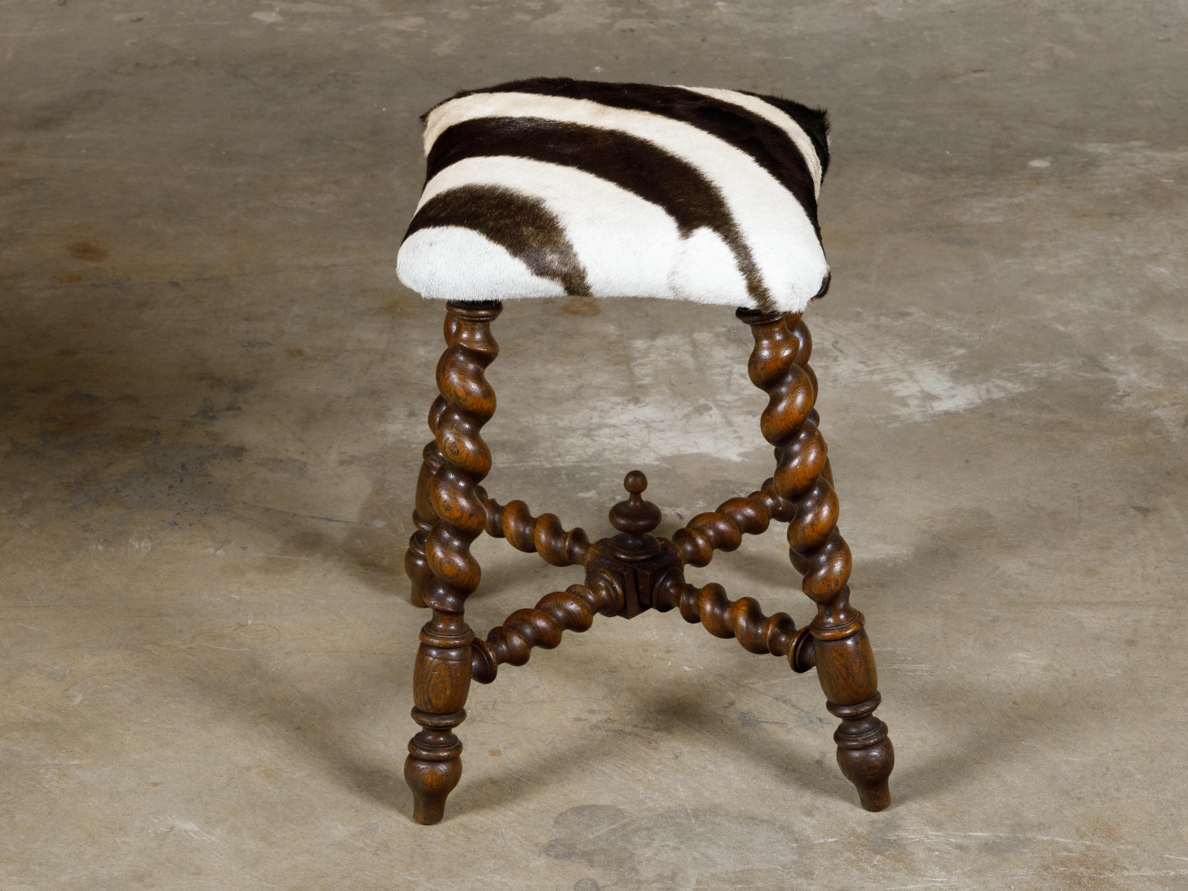 Turn of the Century Barley Twist English Stool with Zebra Hide Upholstery For Sale 4