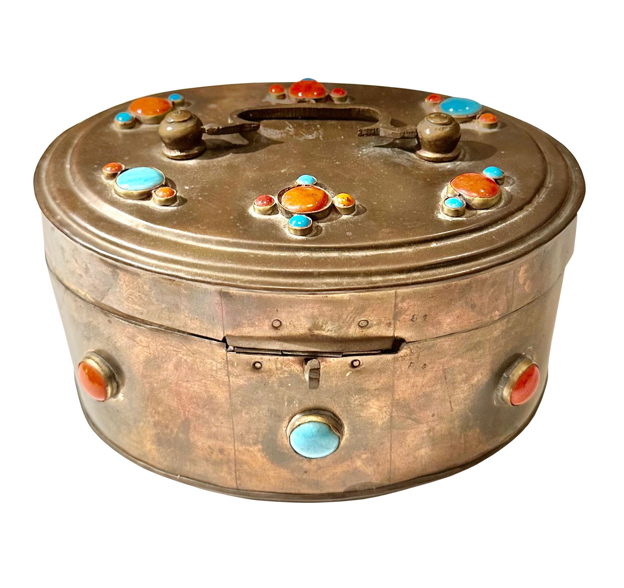 Turn Of The Century Brass Indian Box With Gemstones For Sale 2