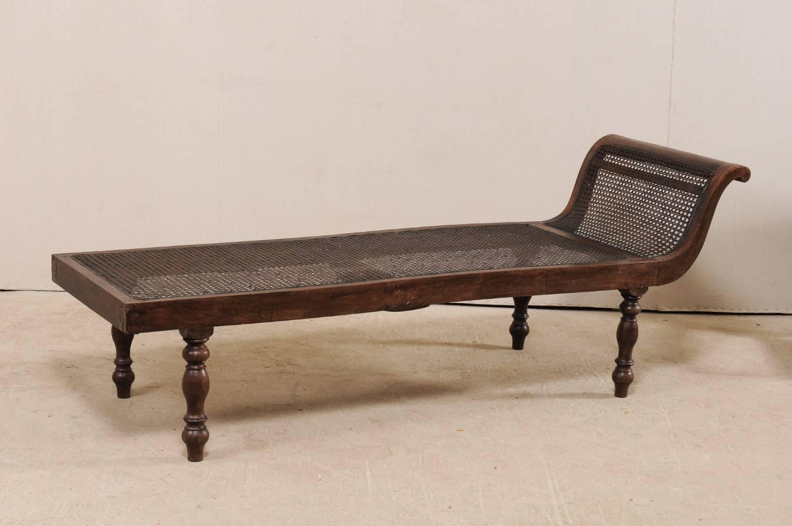 Indian Turn of the Century British Colonial Wood Chaise Longue with Caned Back