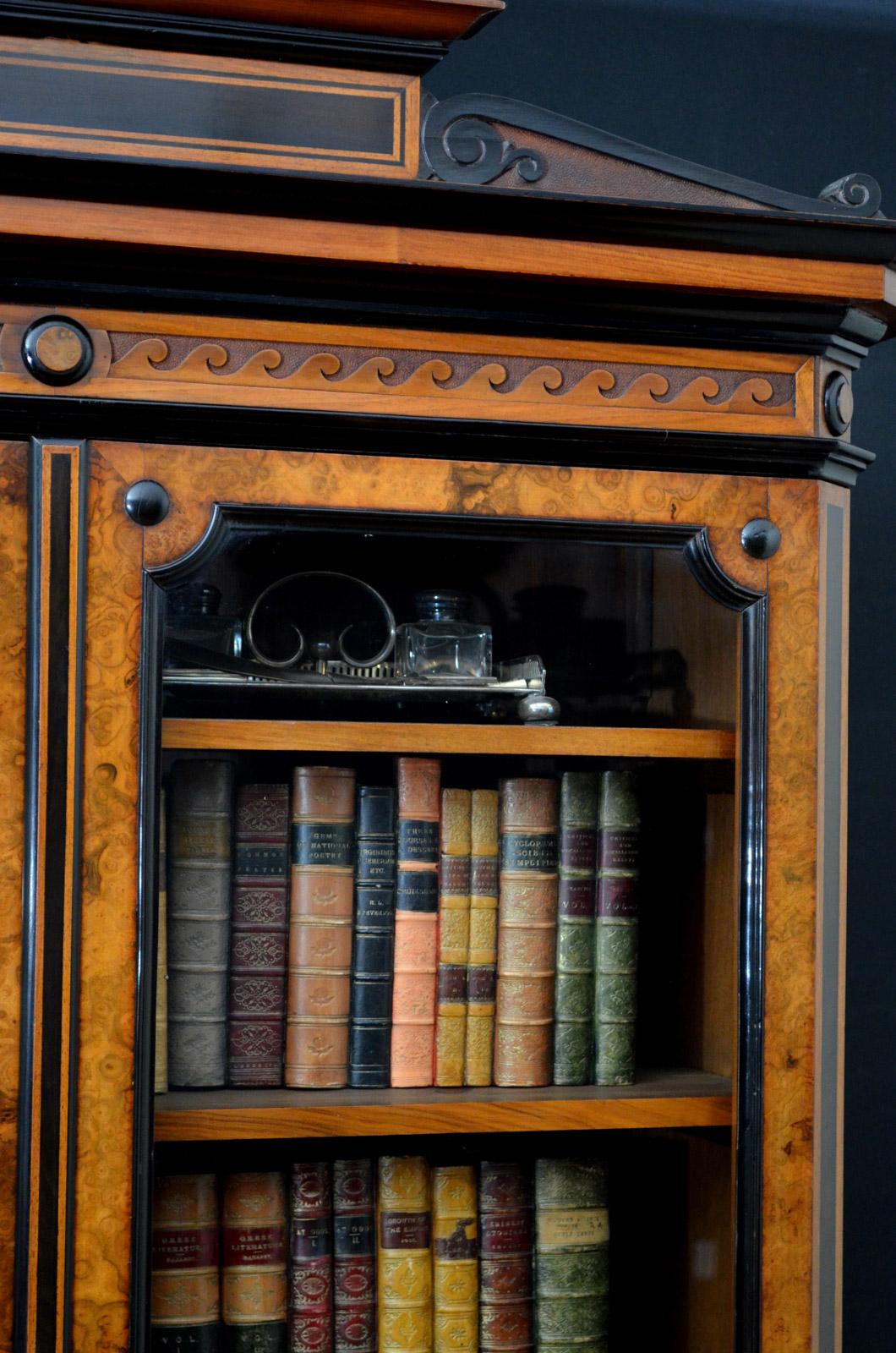 Late Victorian Turn of the Century Burr Walnut and Ebonized Bookcase