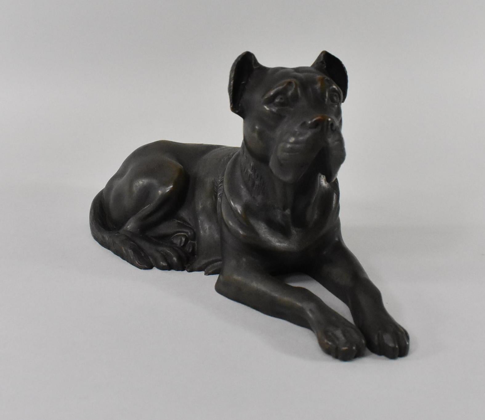 Turn of the century heavy cast bronze statue laying Mastiff dog. Realistic fur details around the shoulders. Beautiful patina. Very nice condition. Dimensions: 9