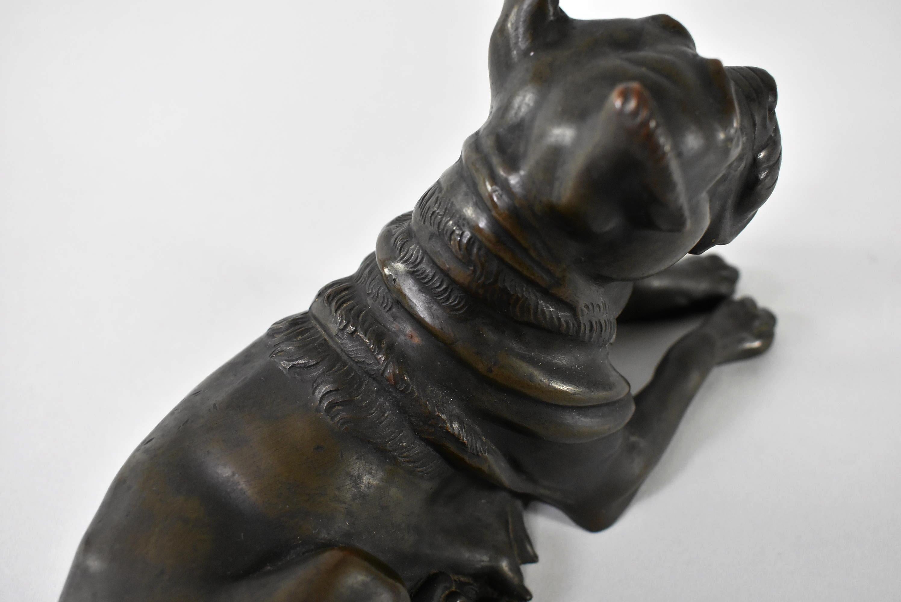 Victorian Turn of the Century Cast Bronze Mastiff Dog Statue Laying Down