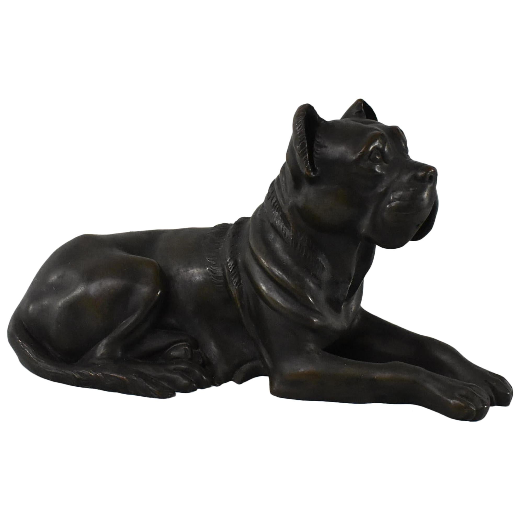 Turn of the Century Cast Bronze Mastiff Dog Statue Laying Down