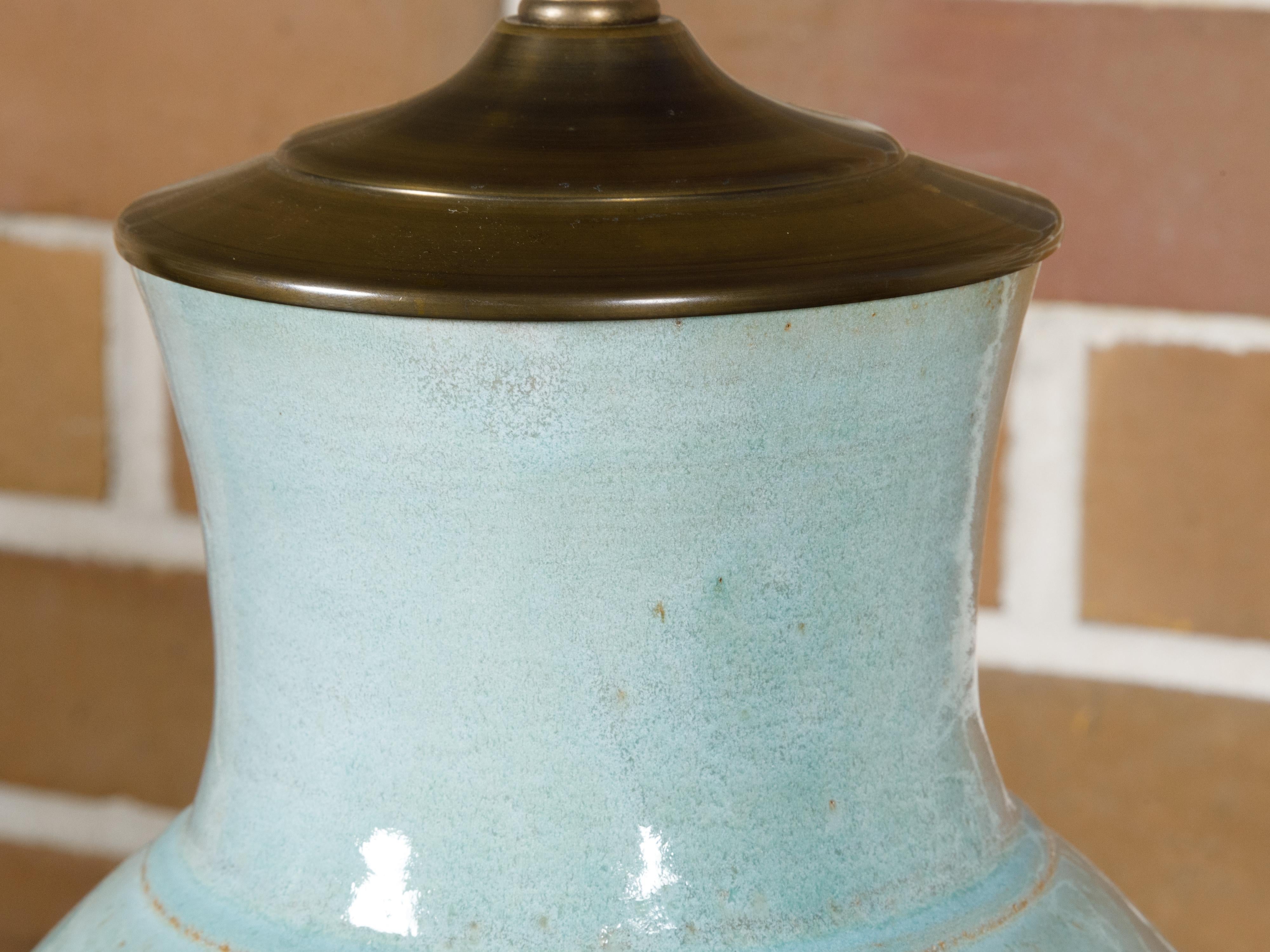 Turn of the Century Celadon Table Lamp on Gilt Circular Base, Rewired for the US In Good Condition For Sale In Atlanta, GA