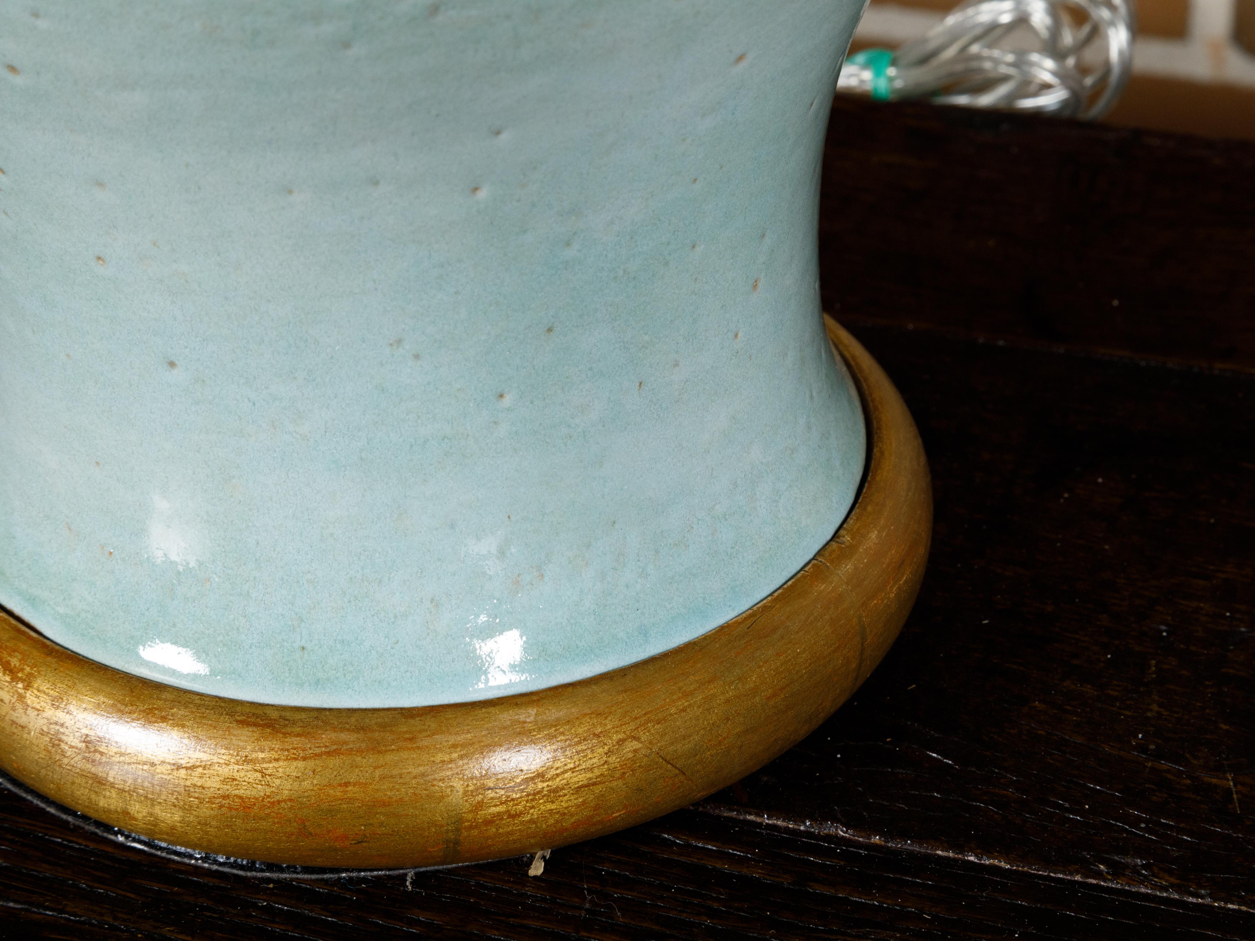 Turn of the Century Celadon Table Lamp on Gilt Circular Base, Rewired for the US For Sale 1
