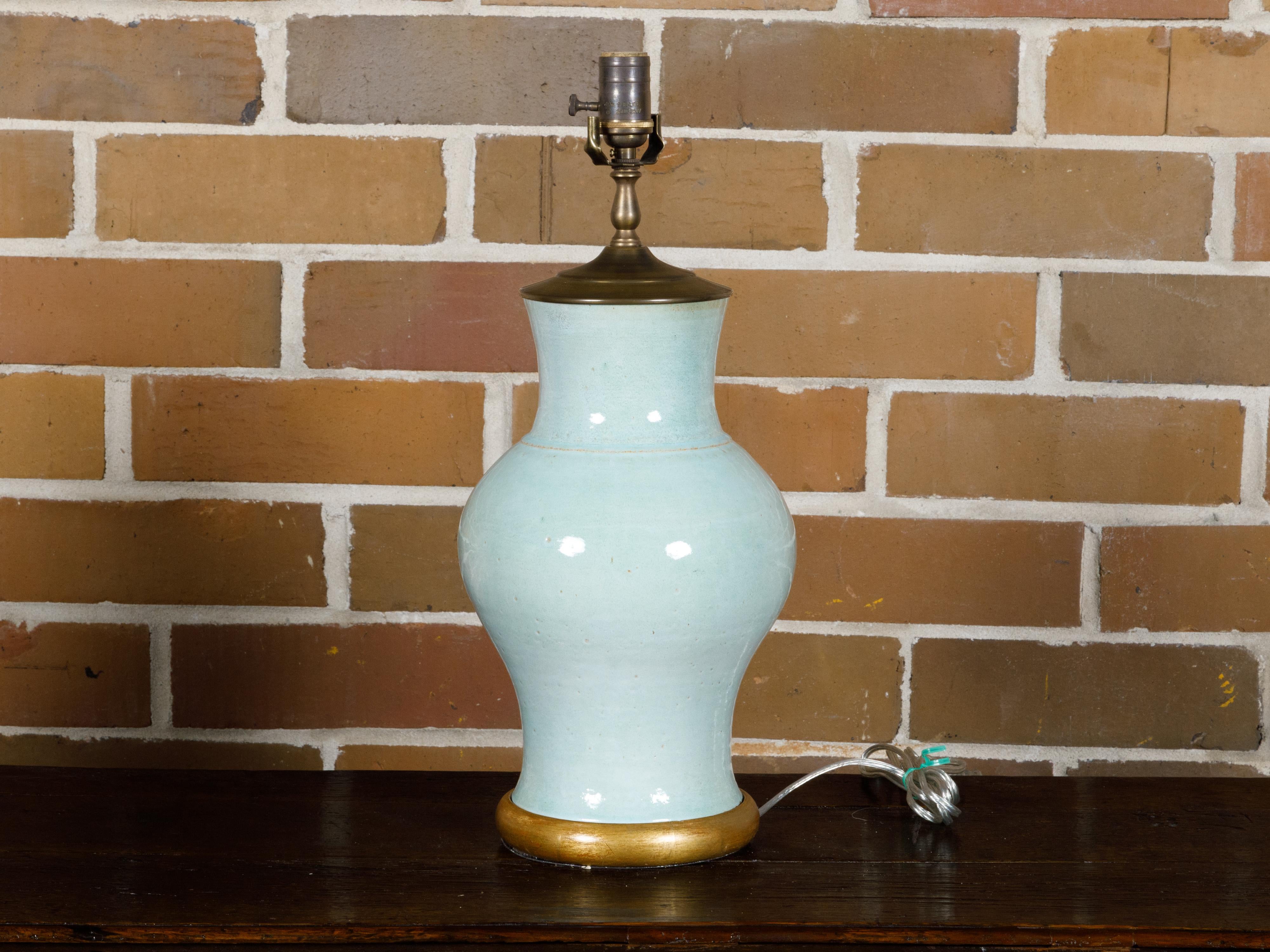 Turn of the Century Celadon Table Lamp on Gilt Circular Base, Rewired for the US For Sale 3