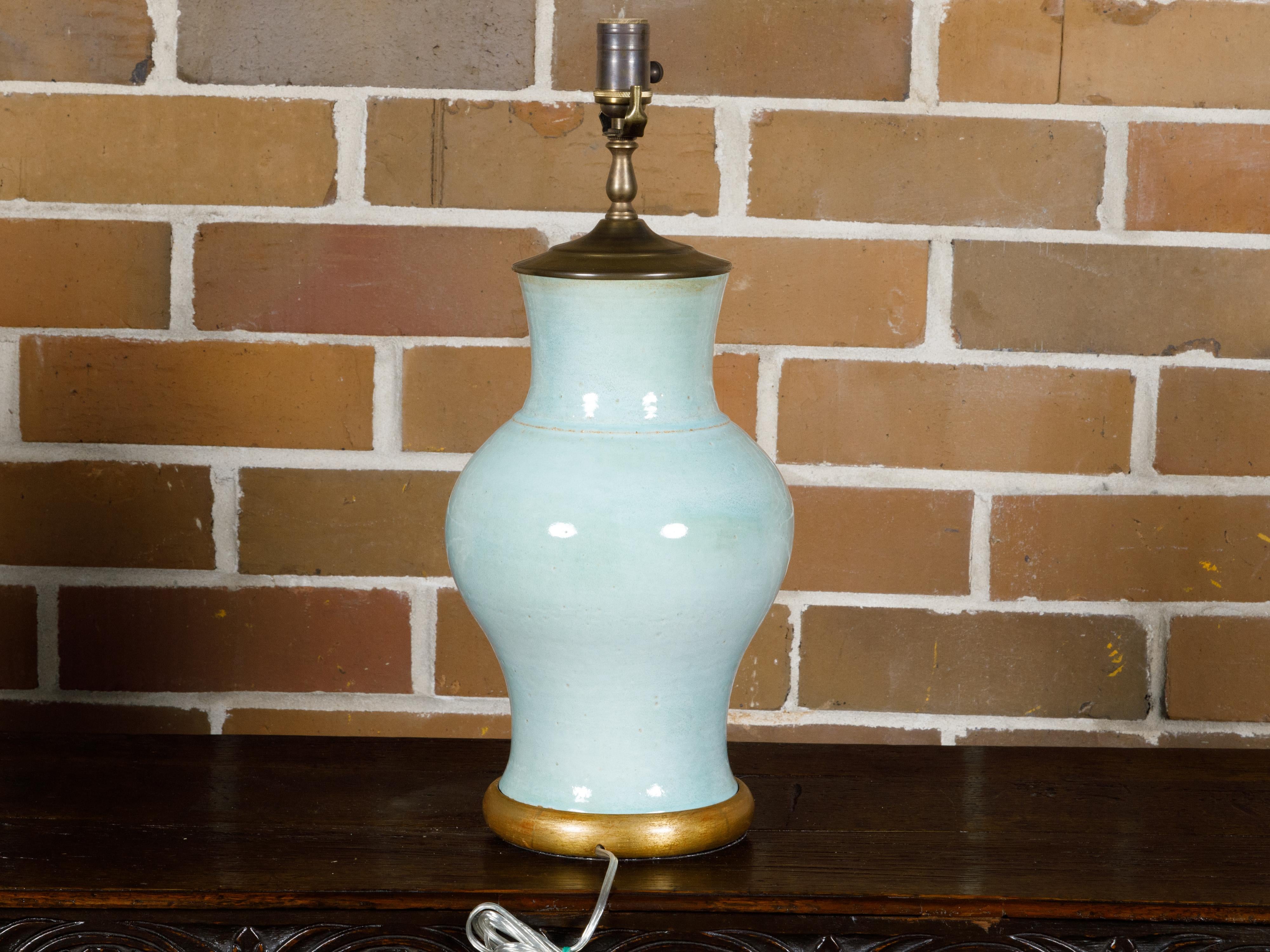 Turn of the Century Celadon Table Lamp on Gilt Circular Base, Rewired for the US For Sale 4