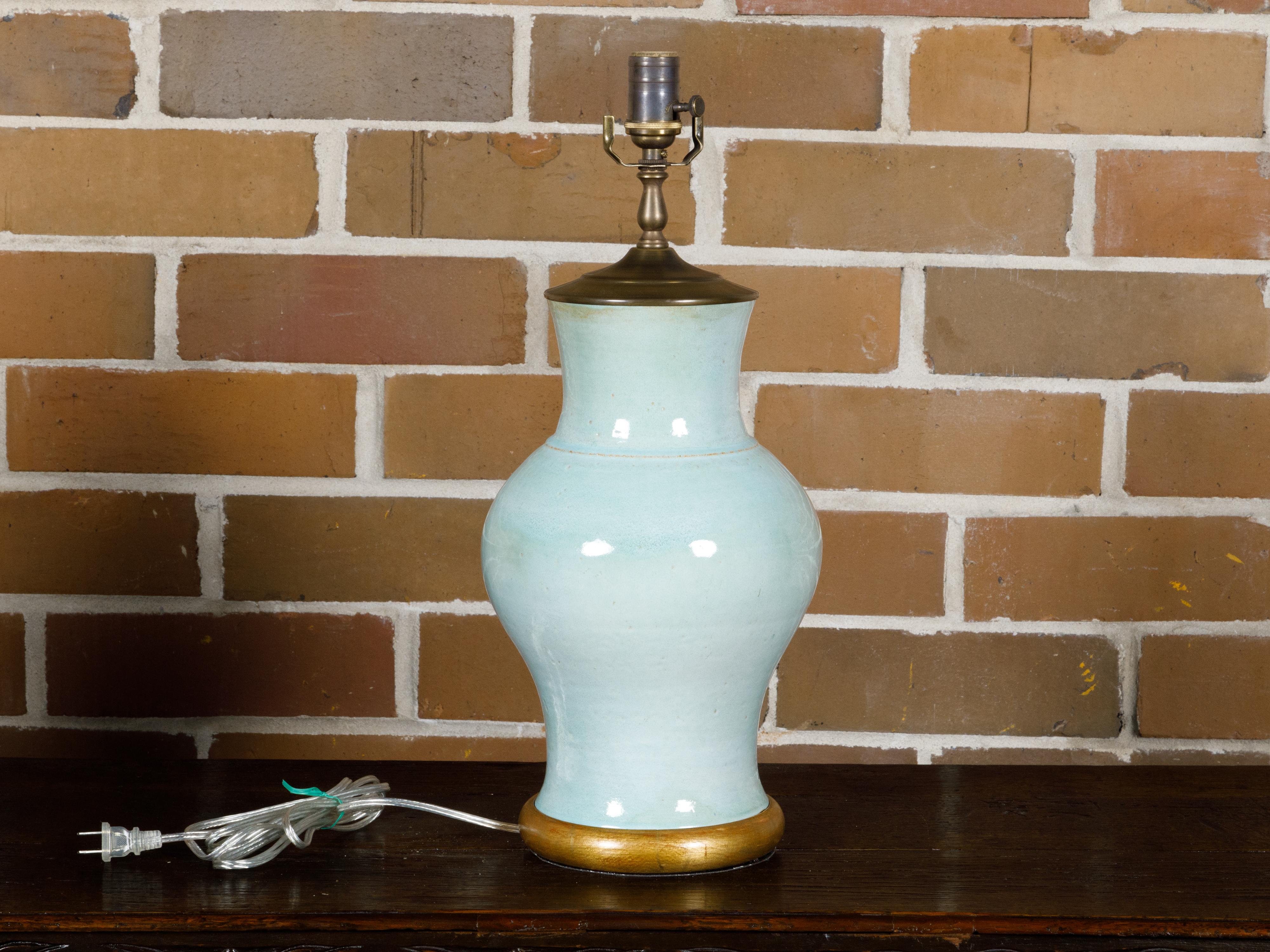 Turn of the Century Celadon Table Lamp on Gilt Circular Base, Rewired for the US For Sale 5