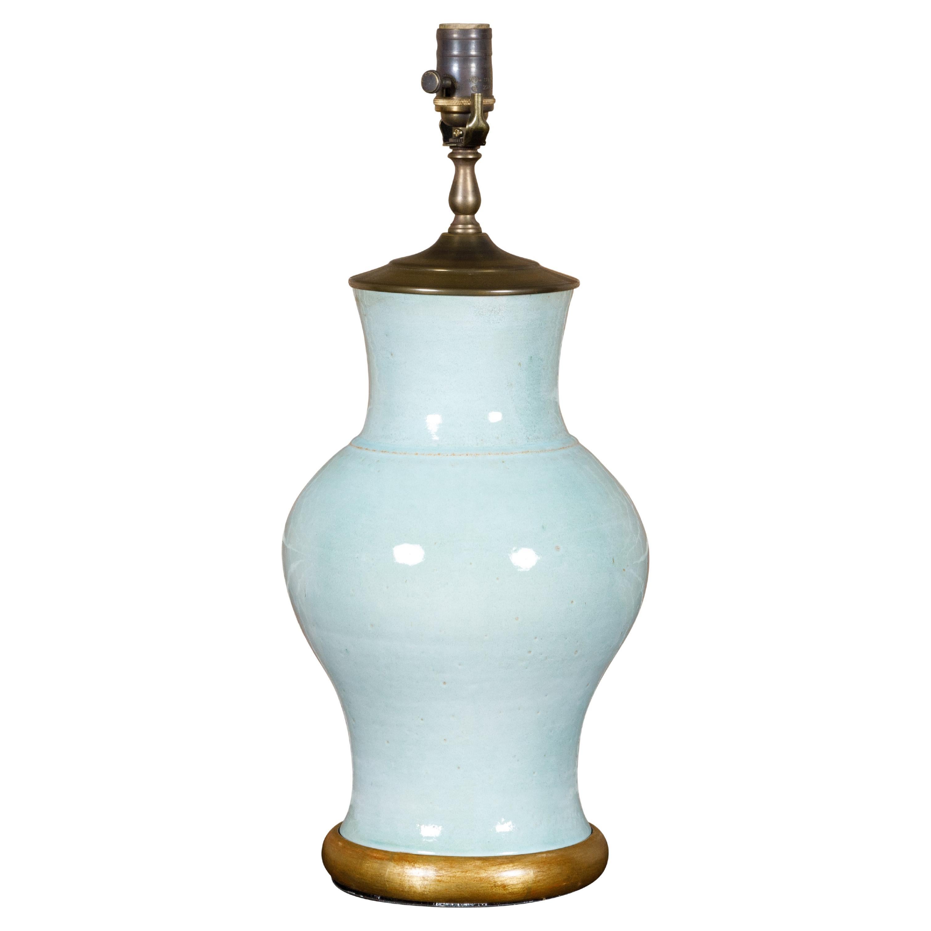 Turn of the Century Celadon Table Lamp on Gilt Circular Base, Rewired for the US For Sale