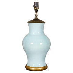 Antique Turn of the Century Celadon Table Lamp on Gilt Circular Base, Rewired for the US