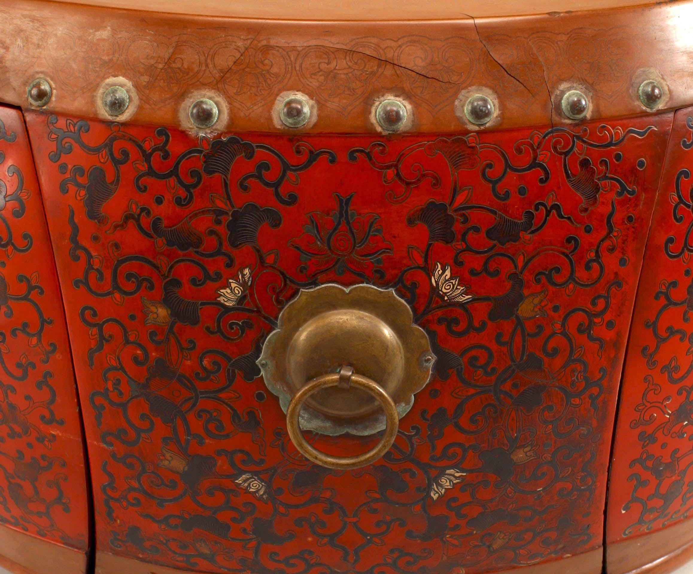 Lacquer Asian Chinese Style Red Coromandel Drum Coffee Table For Sale