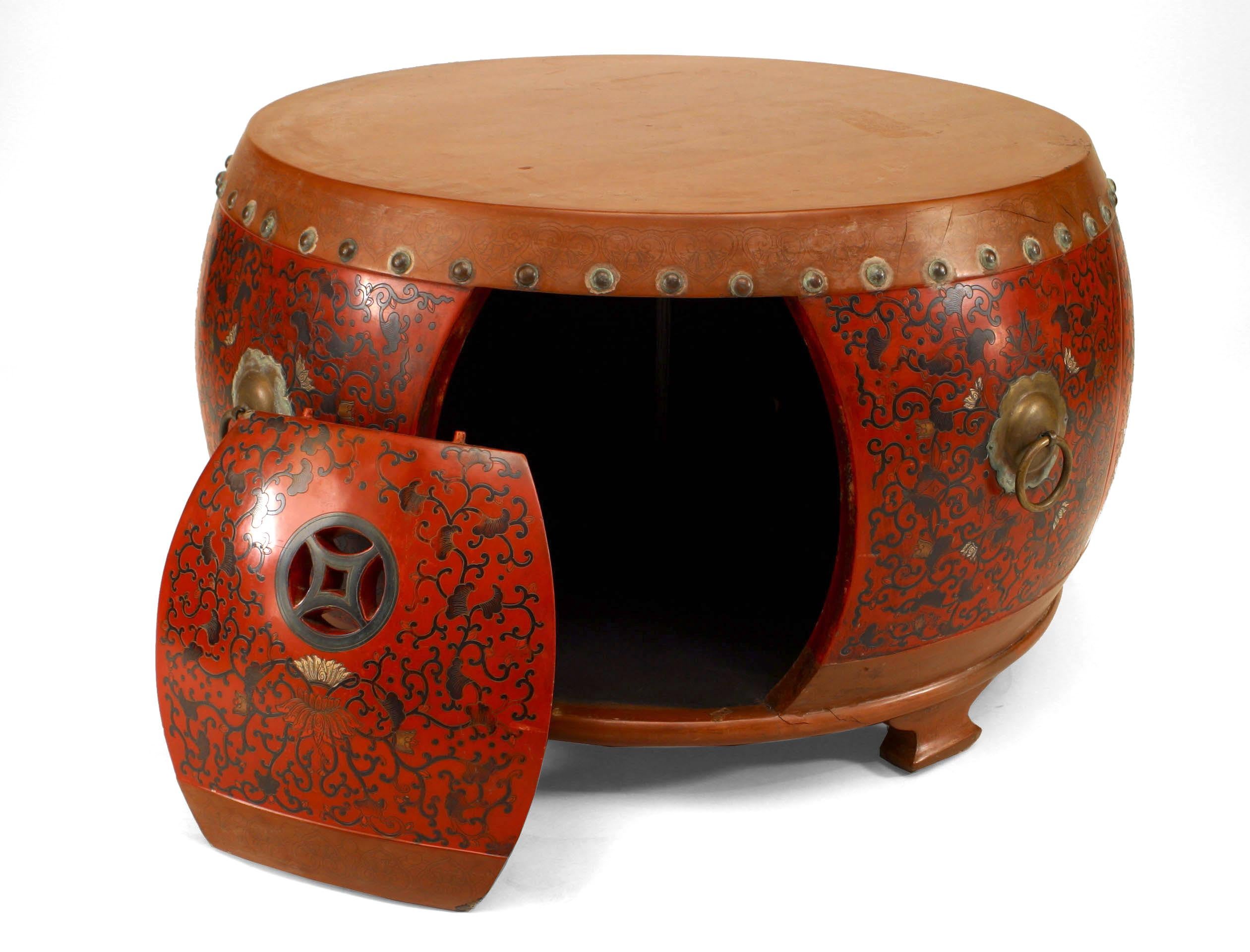 Asian Chinese Style Red Coromandel Drum Coffee Table For Sale 1