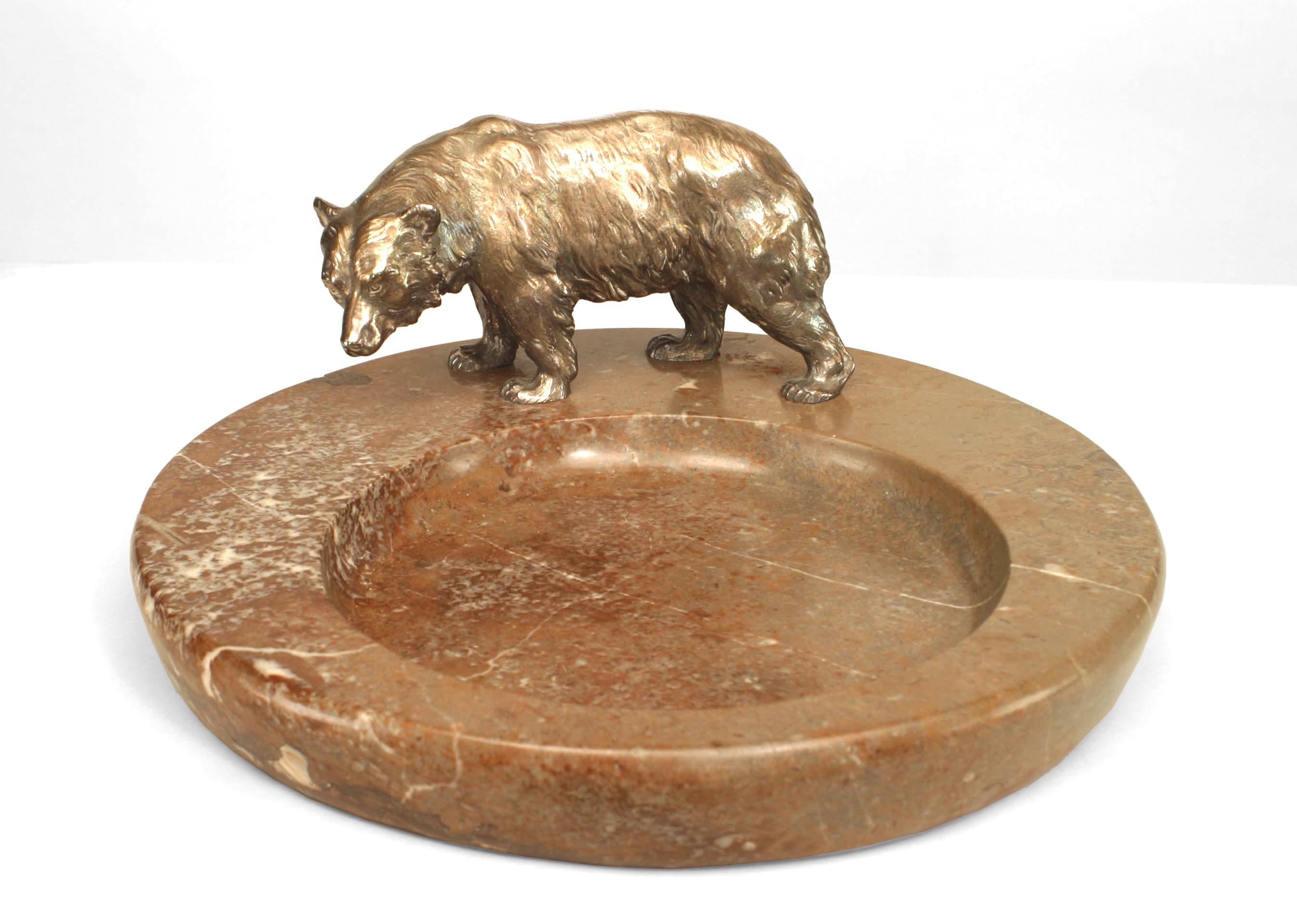 Continental Austrian (19/20th Century) silver plated bronze bear figure on large round brown marble base ashtray
