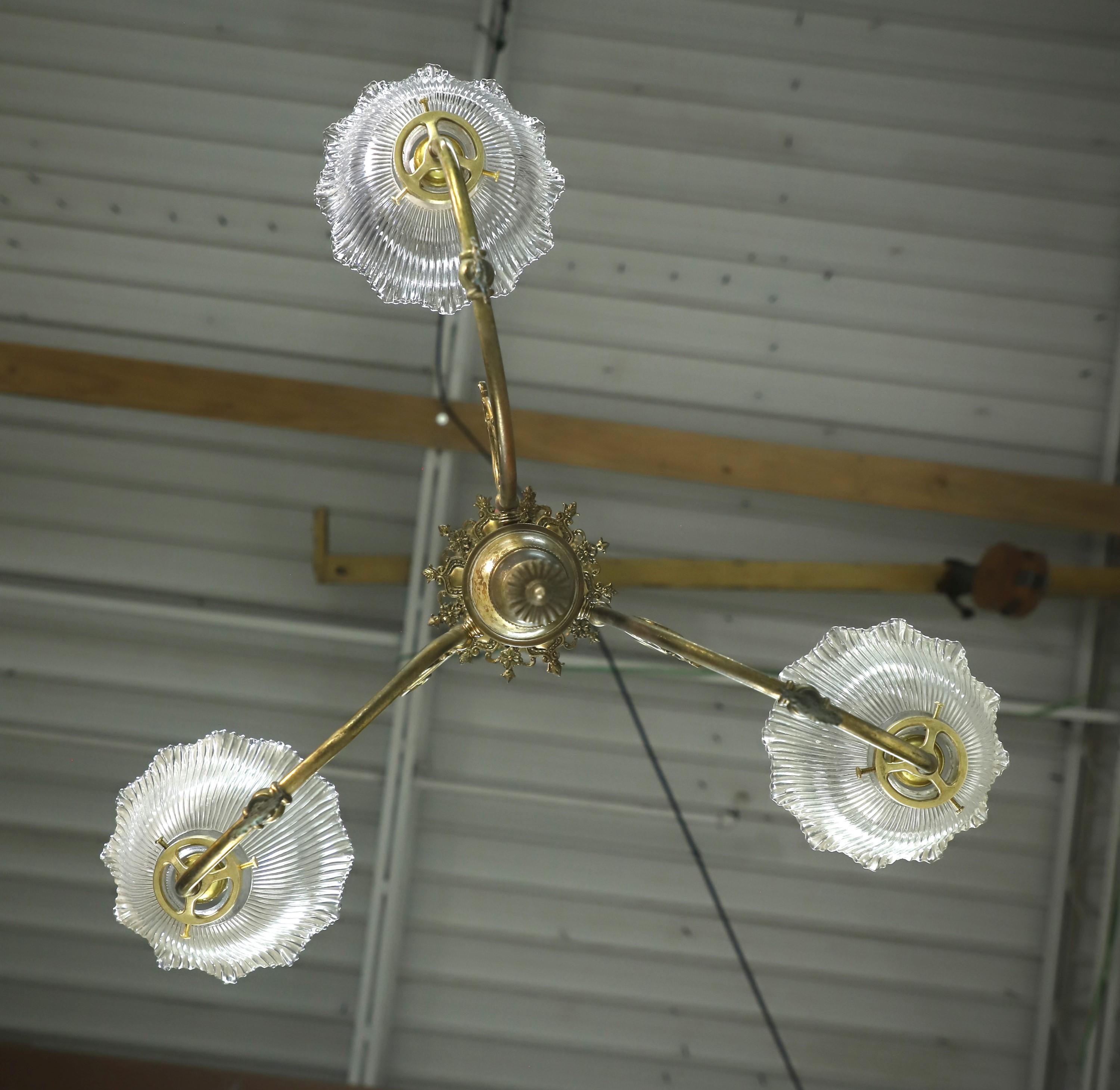 Turn of the Century Converted Gas Brass Chandelier 3 Lights 8