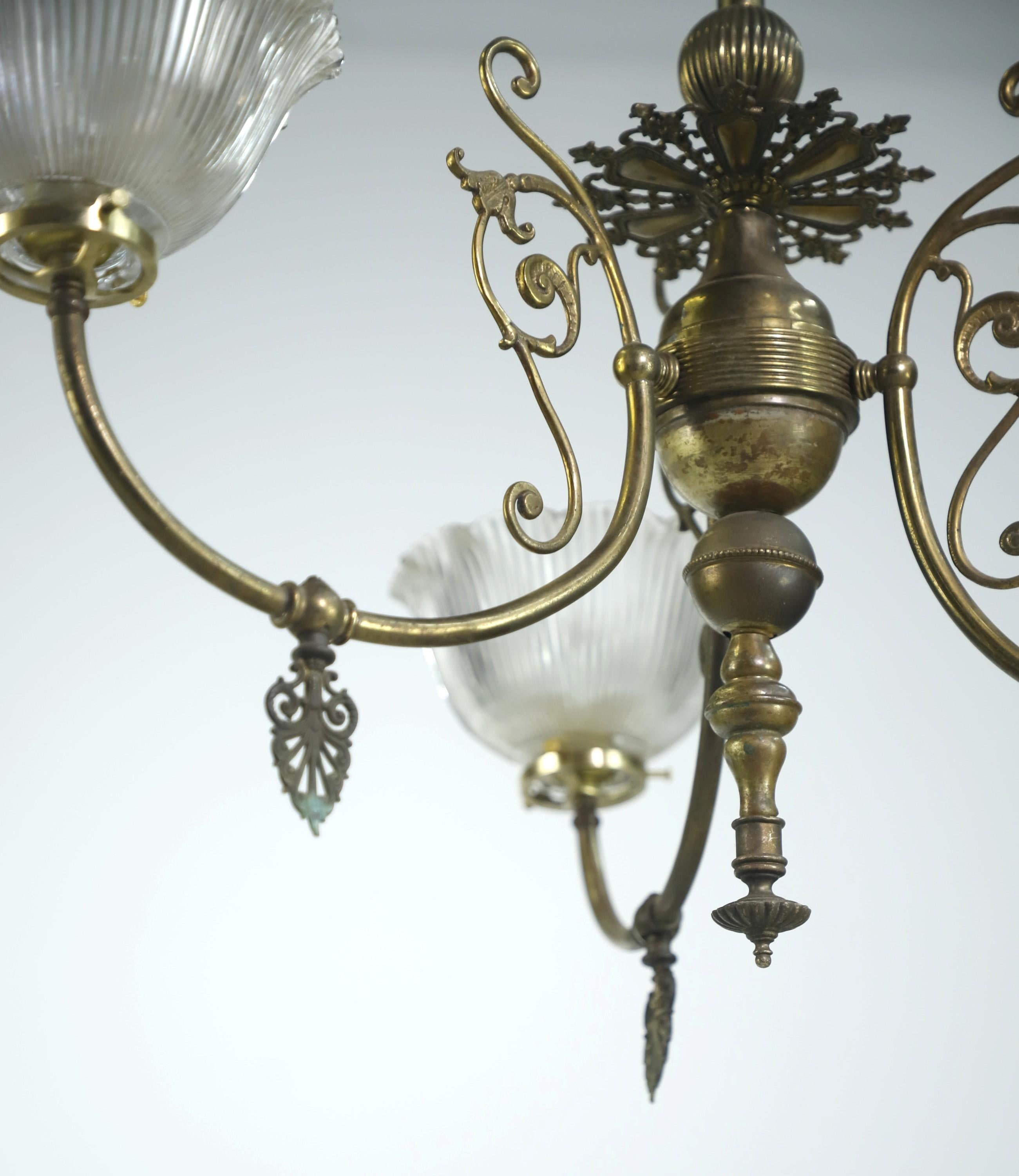 Victorian Turn of the Century Converted Gas Brass Chandelier 3 Lights