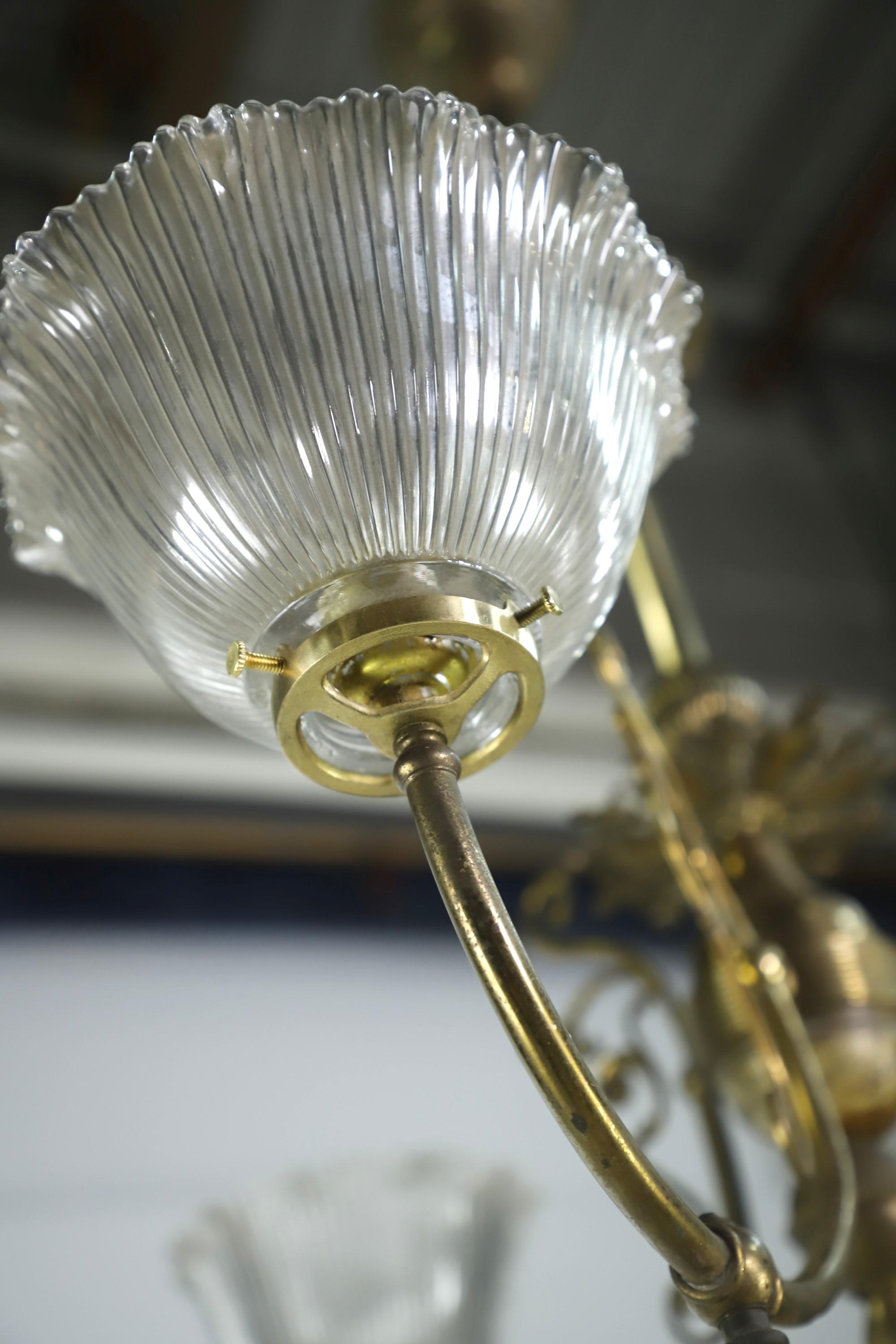 20th Century Turn of the Century Converted Gas Brass Chandelier 3 Lights