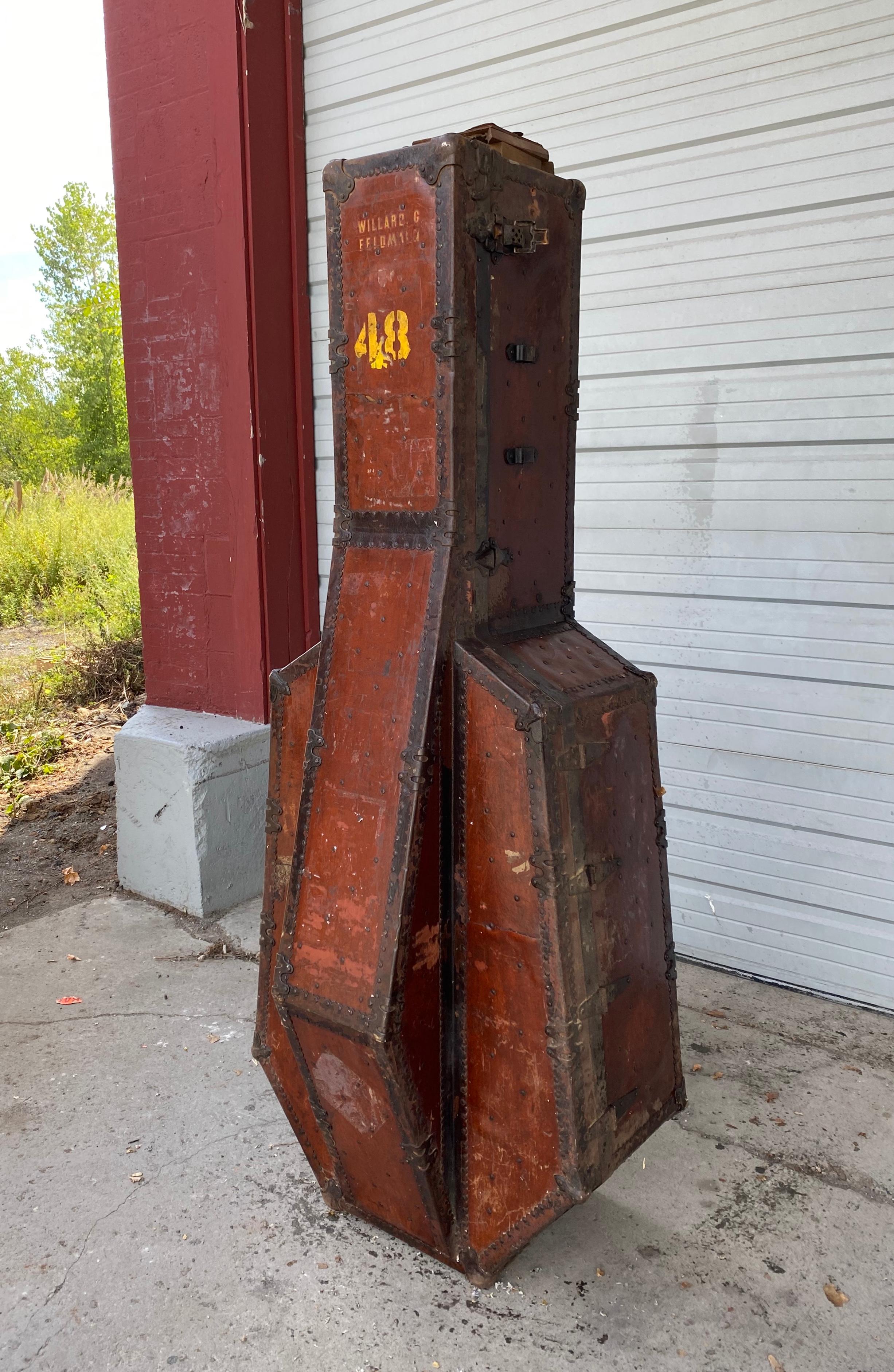 Metal Turn of the Century Double Bass Shipping Trunk/Case, Central Factory Trunks