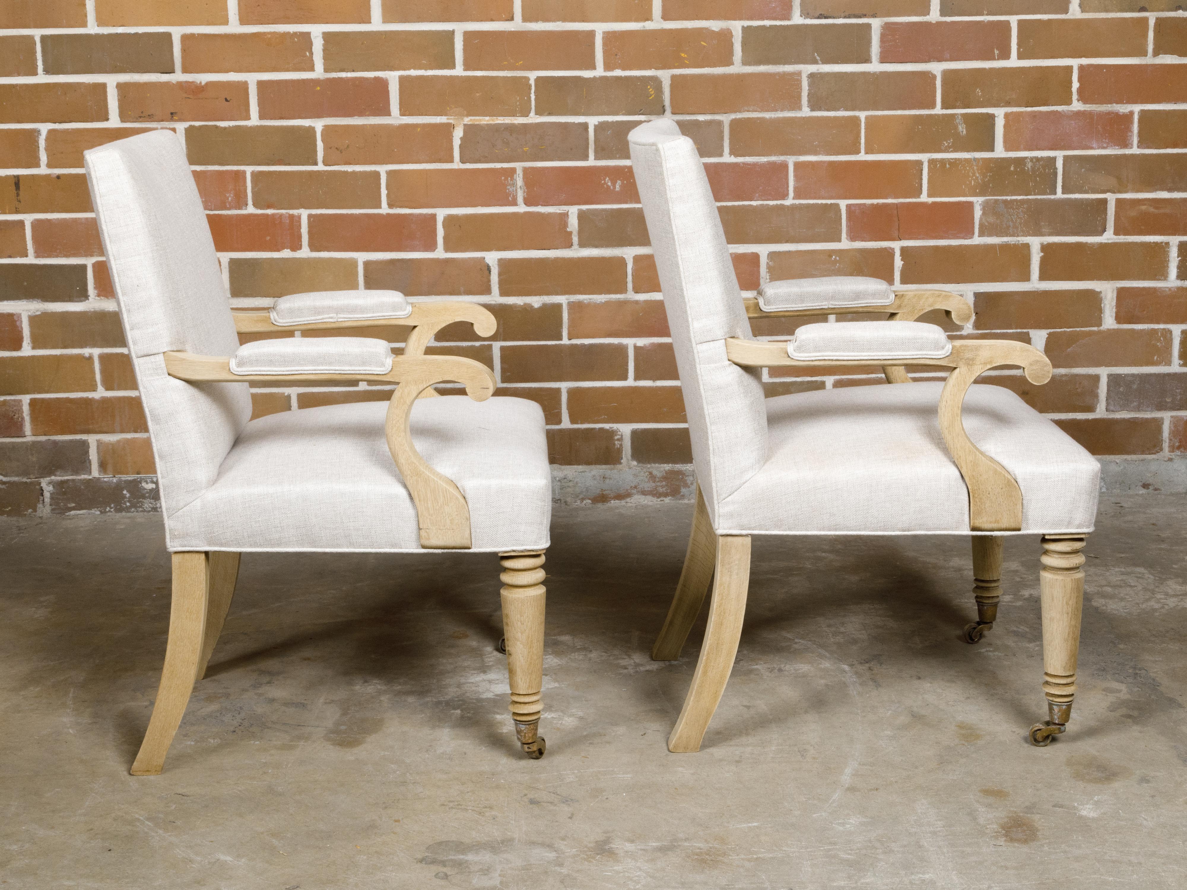 Turn of the Century English 1900s Bleached Armchairs with Linen Upholstery, Pair For Sale 8
