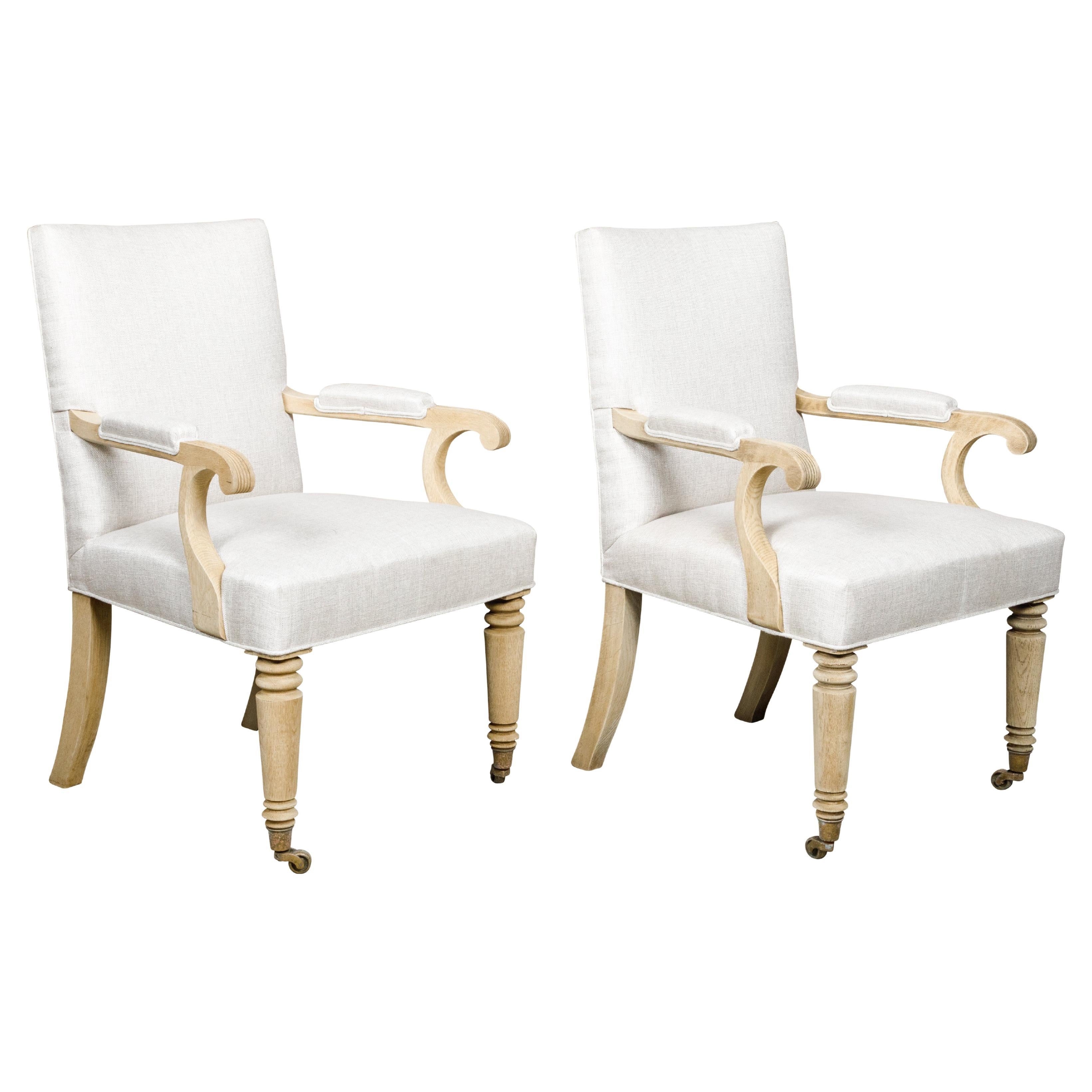 Turn of the Century English 1900s Bleached Armchairs with Linen Upholstery, Pair For Sale