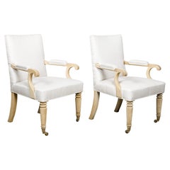 Turn of the Century English 1900s Bleached Armchairs with Linen Upholstery, Pair