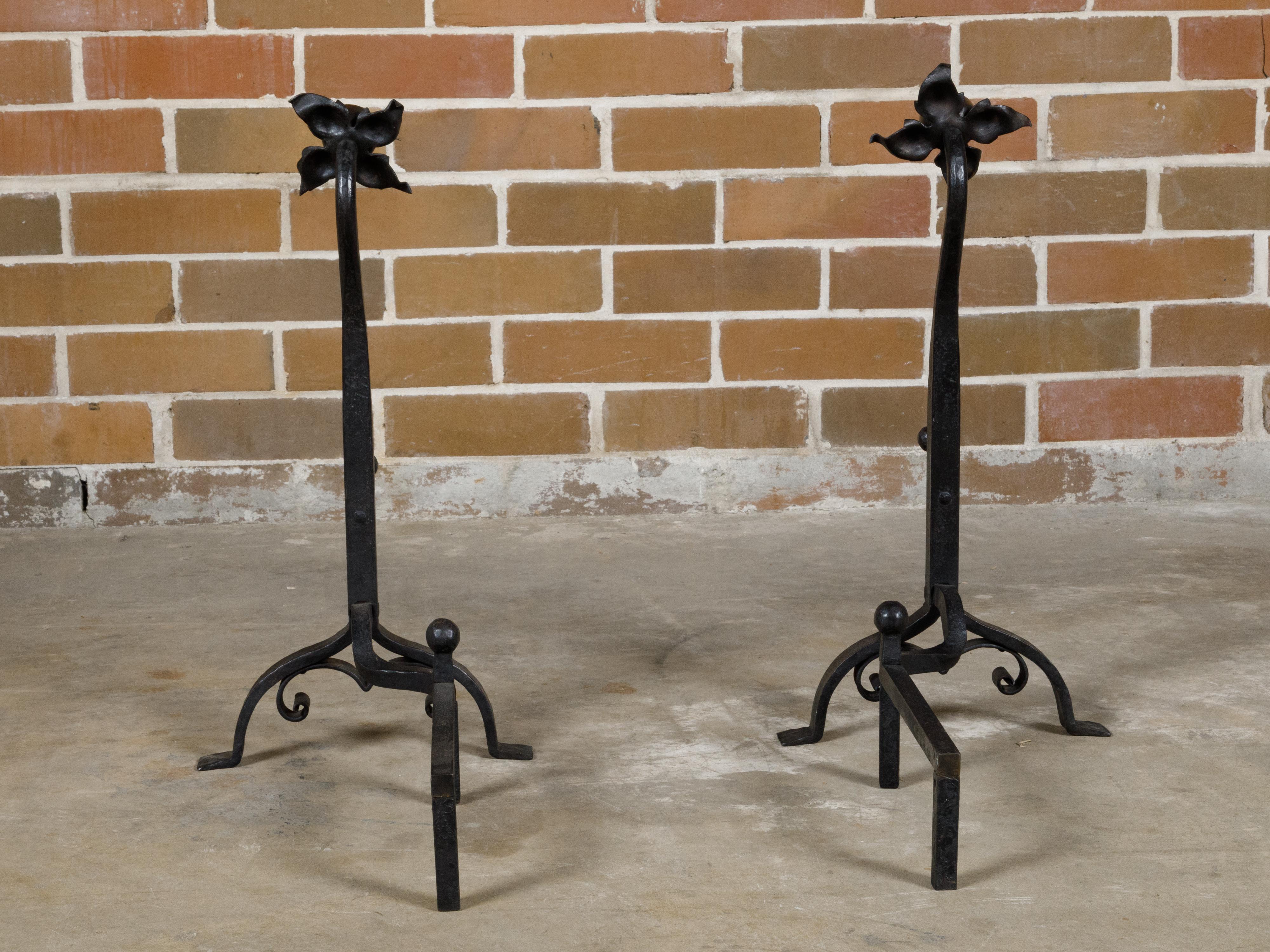 Turn of the Century English Iron and Copper Andirons with Floral Motifs, a Pair 6