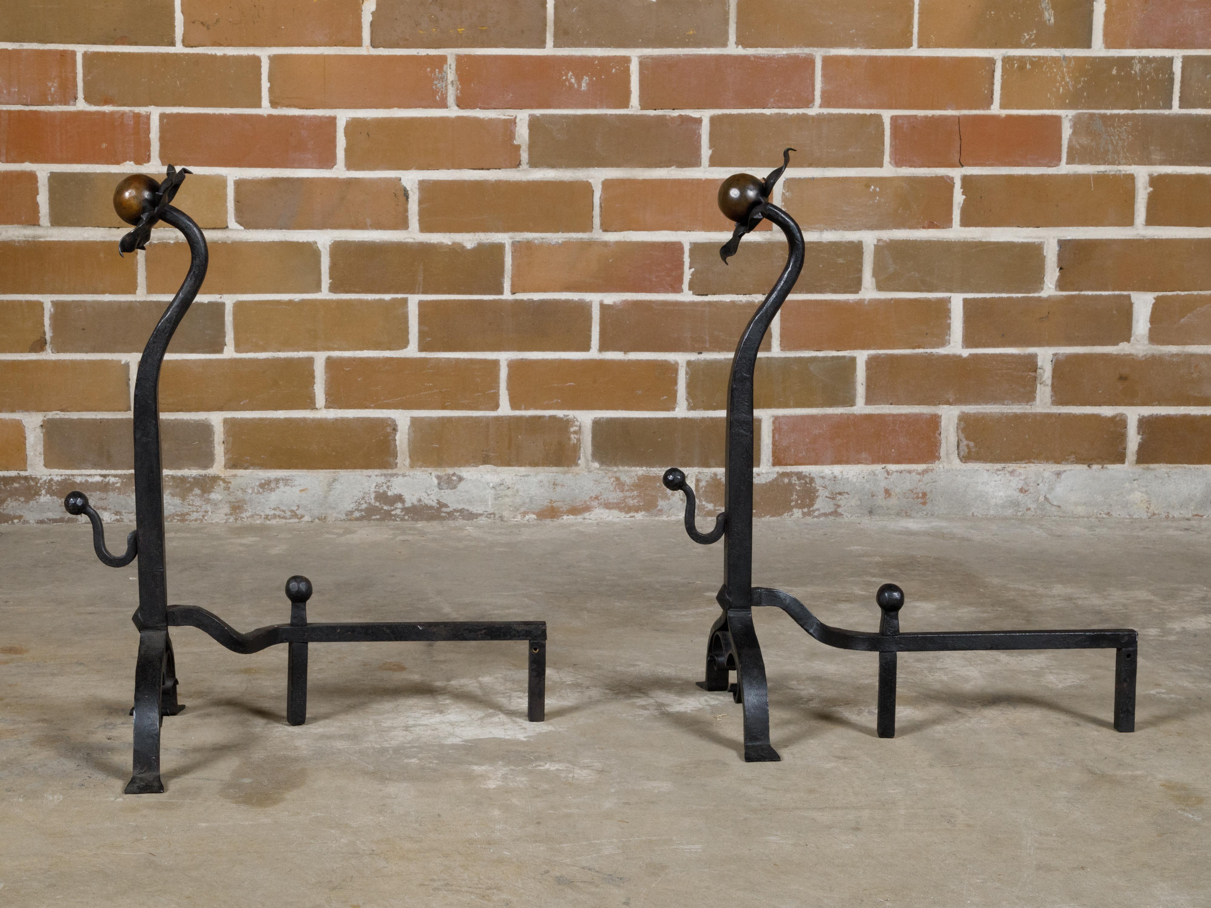 Turn of the Century English Iron and Copper Andirons with Floral Motifs, a Pair 7
