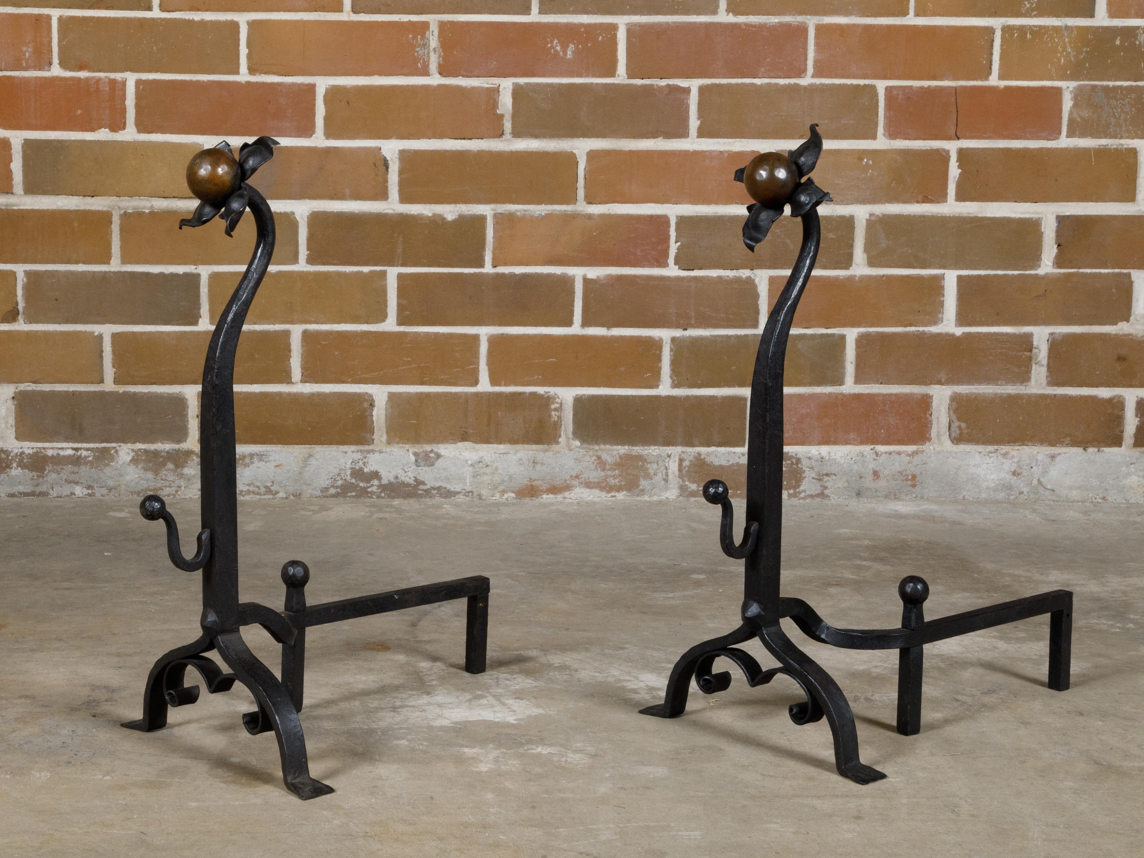 Turn of the Century English Iron and Copper Andirons with Floral Motifs, a Pair 8