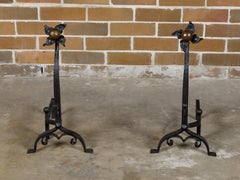 Turn of the Century English Iron and Copper Andirons with Floral Motifs, a Pair