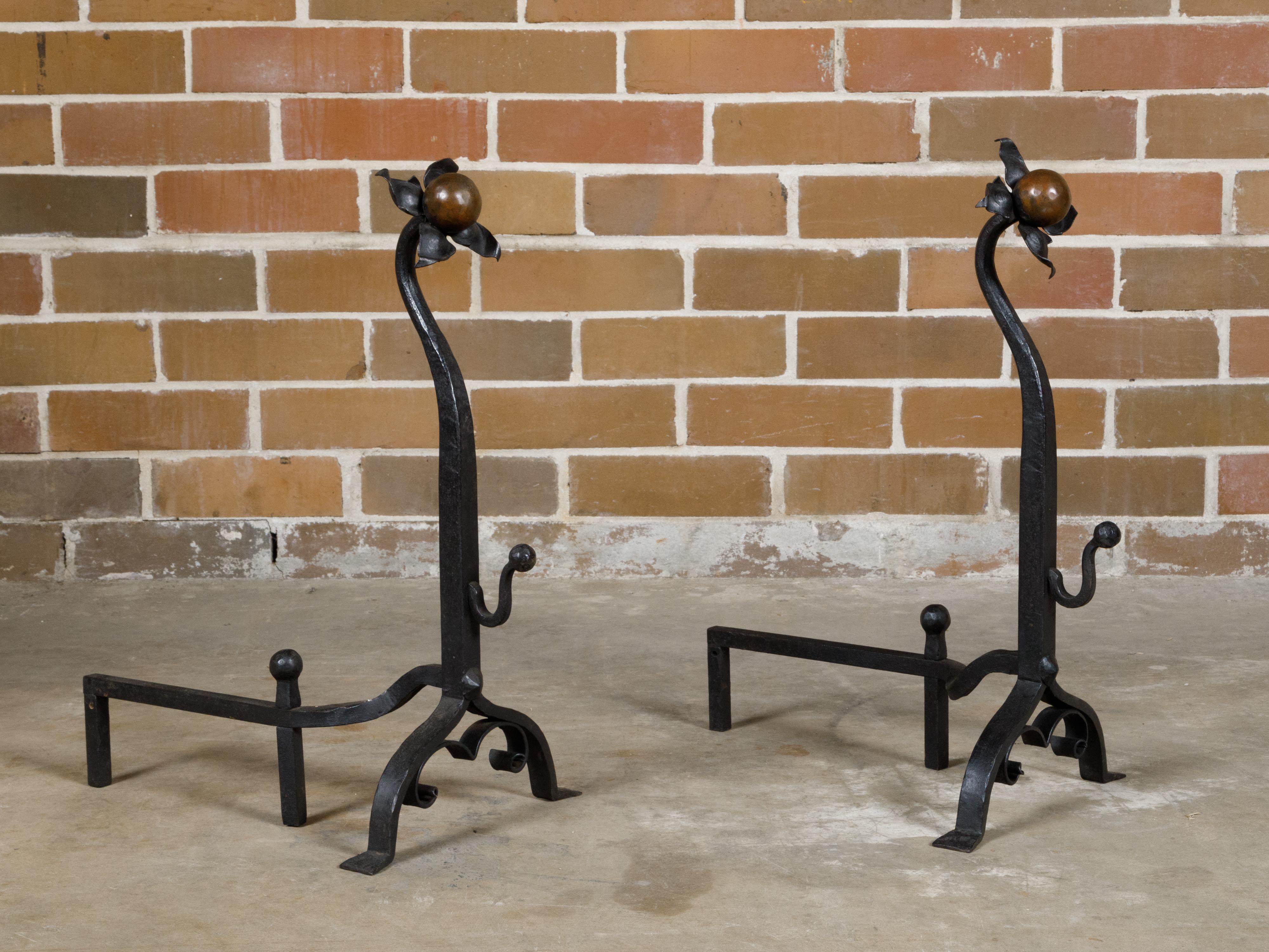 Turn of the Century English Iron and Copper Andirons with Floral Motifs, a Pair 4