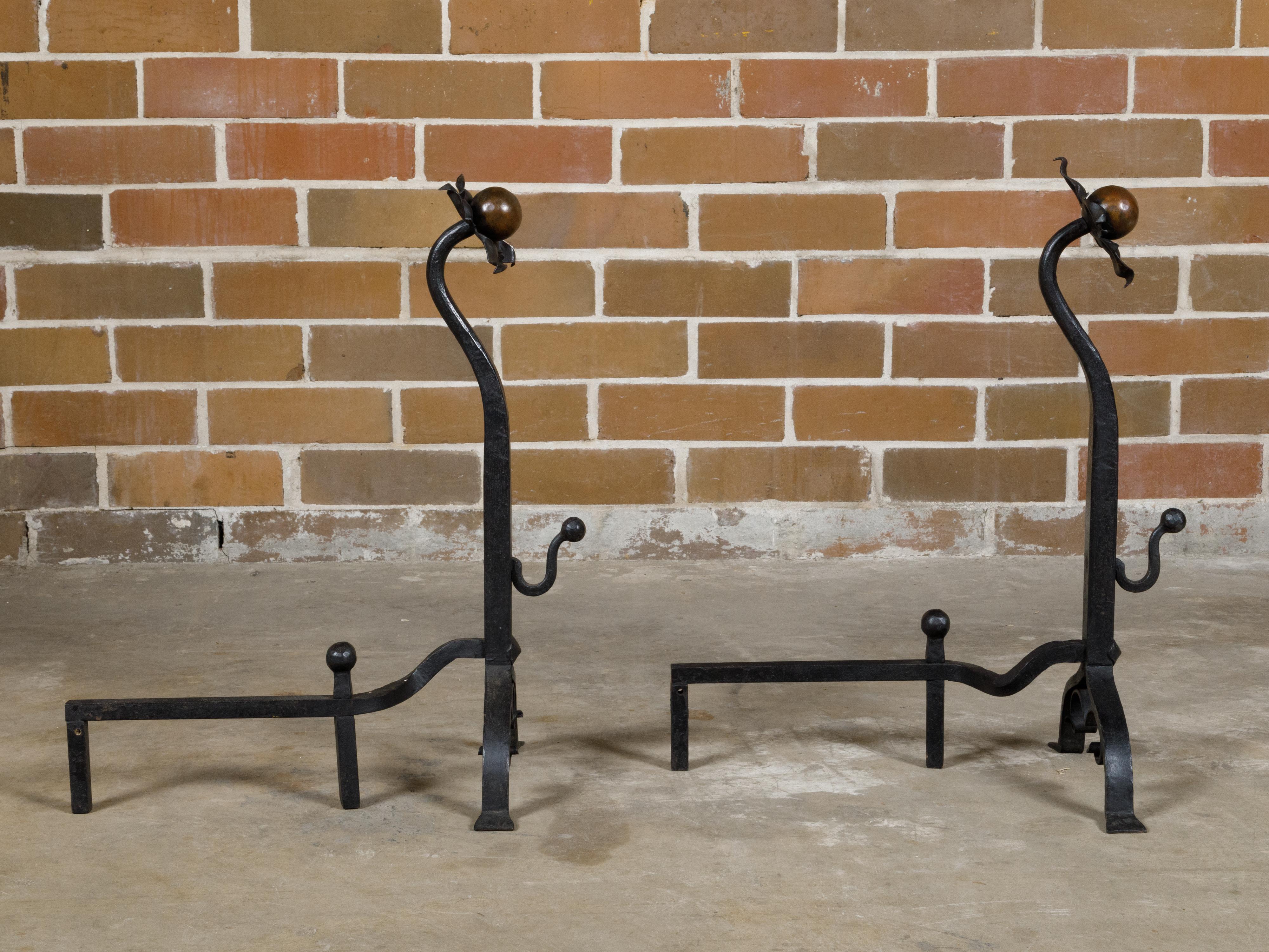 Turn of the Century English Iron and Copper Andirons with Floral Motifs, a Pair 5