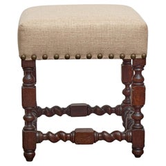 Turn of the Century English Oak Stool with Linen Upholstery and Carved Rosettes