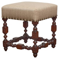 Sgabello inglese di fine secolo in Oak con rivestimento in lino e rosette intagliate