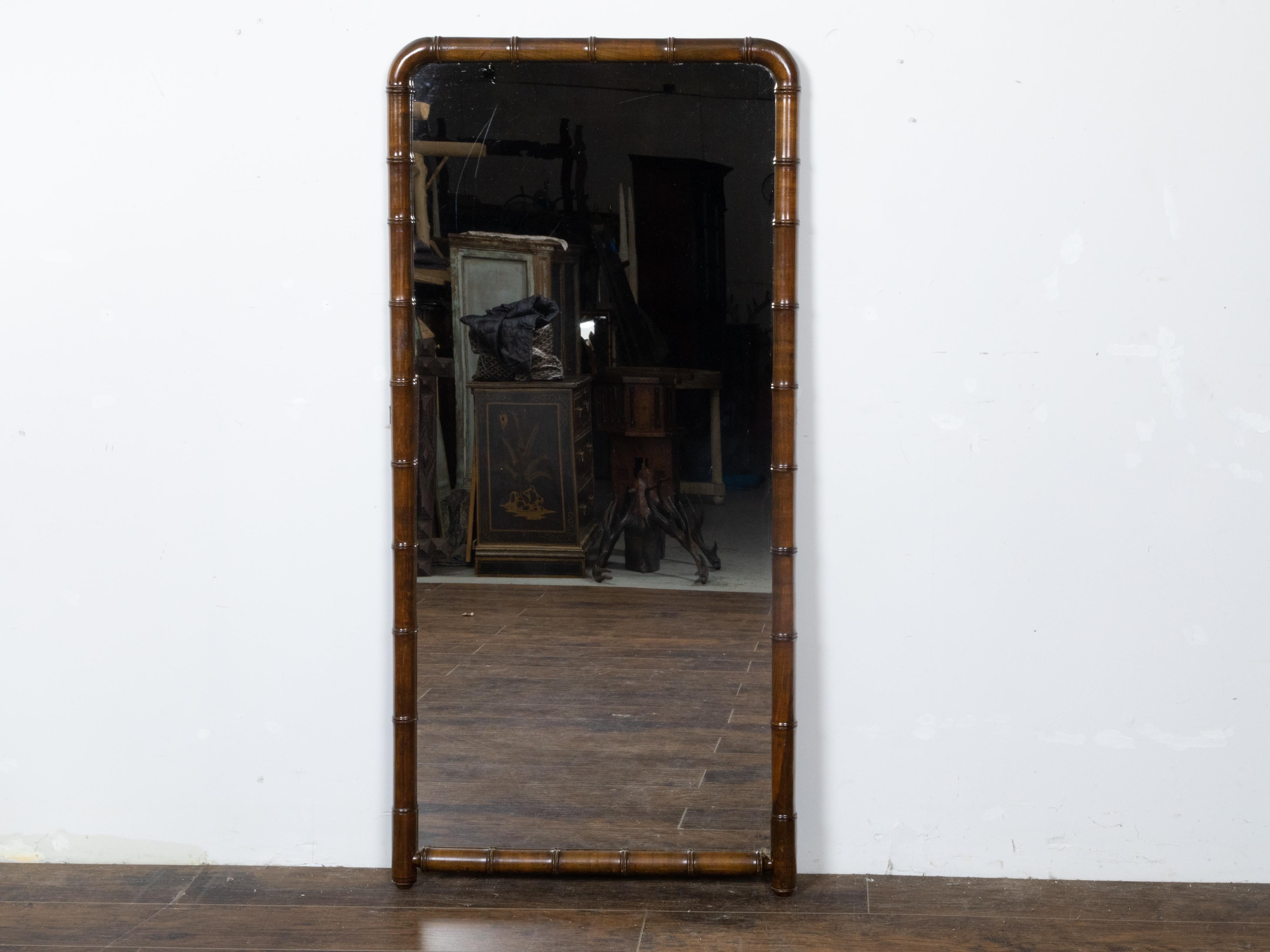 Carved Turn of the Century Faux Bamboo French Walnut Mirror with Rounded Corners, 1900s For Sale