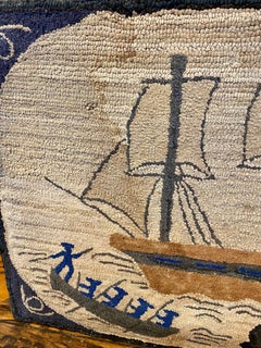 Turn of the Century Folk Art Whaling Scene Hooked Rug